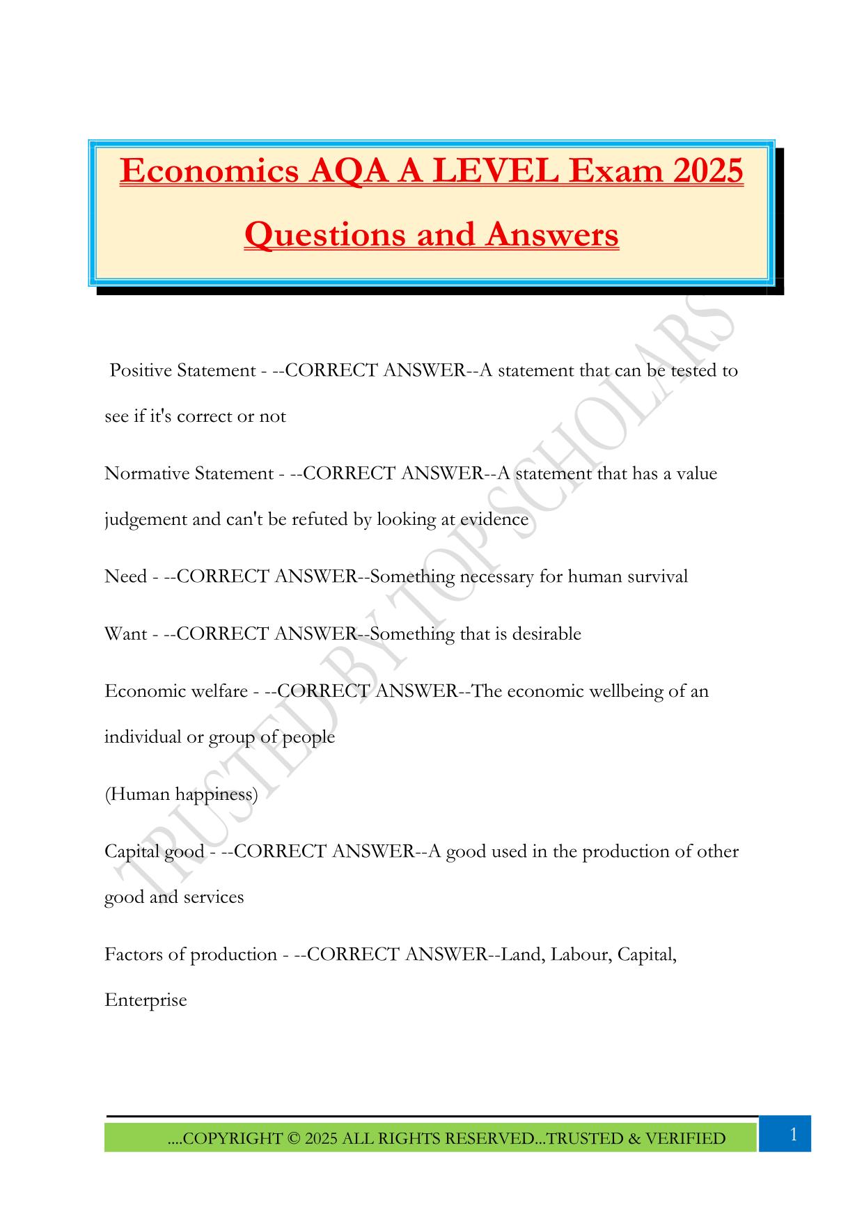 Economics AQA A LEVEL Exam 2025 Questions and Answers