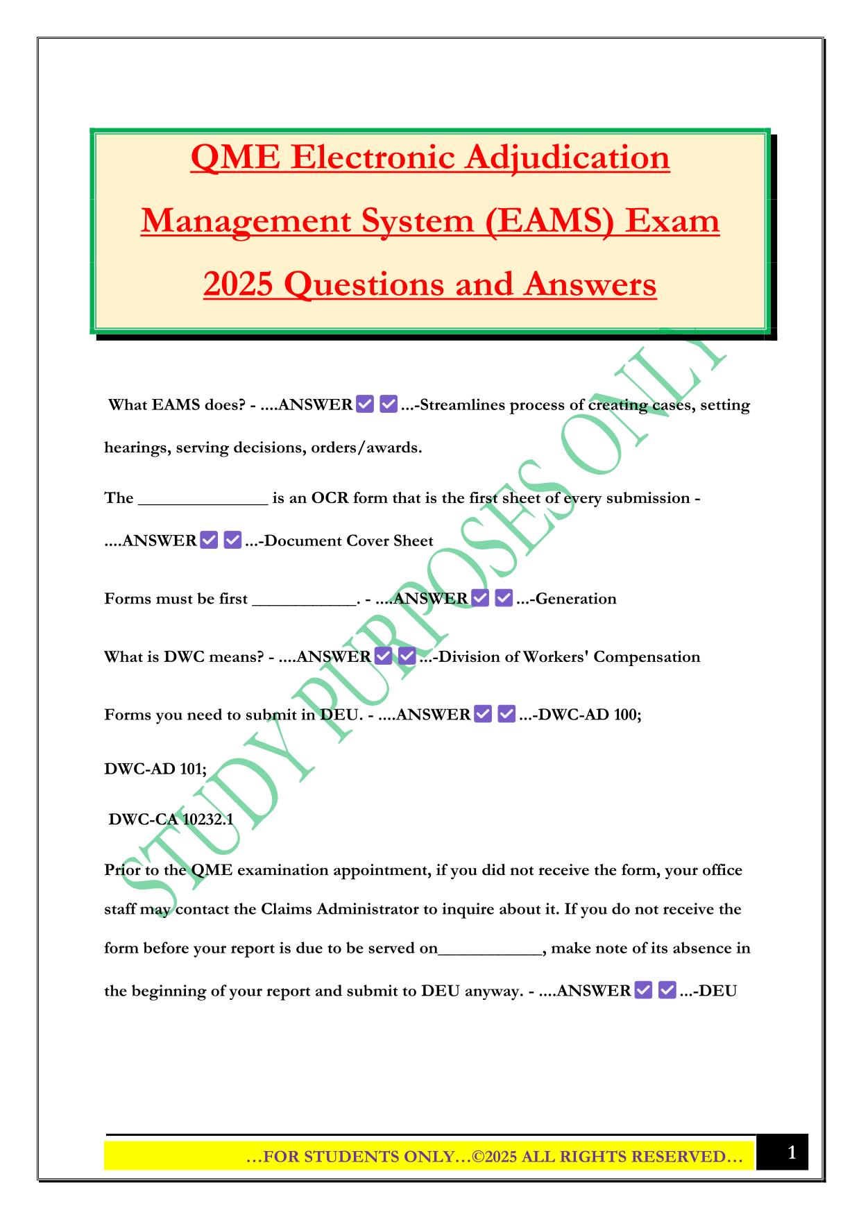 QME Electronic Adjudication Management System (EAMS) Exam 2025 Questions and Answers