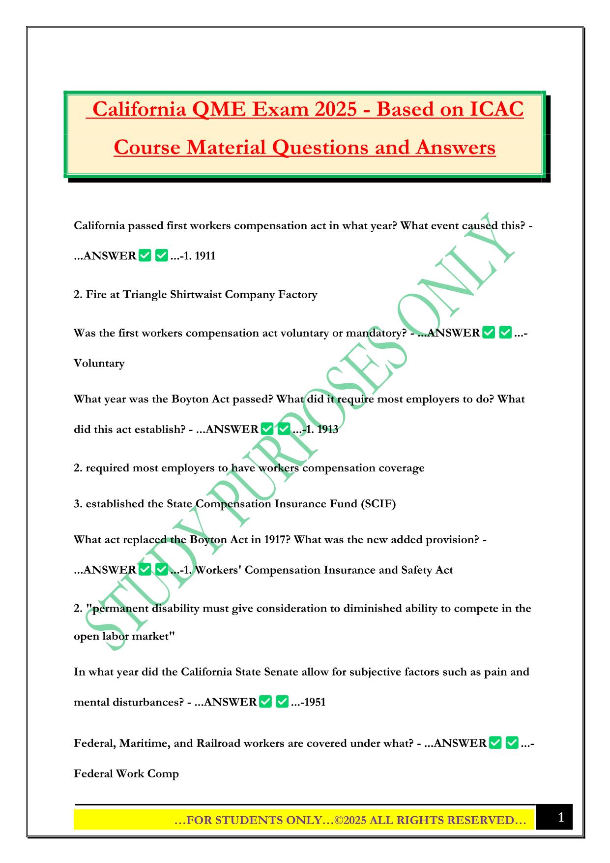 California QME Exam 2025 - Based on ICAC Course Material Questions and Answers