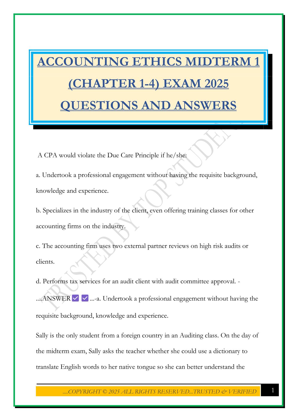 ACCOUNTING ETHICS MIDTERM 1 (CHAPTER 1-4) EXAM 2025 QUESTIONS AND ANSWERS