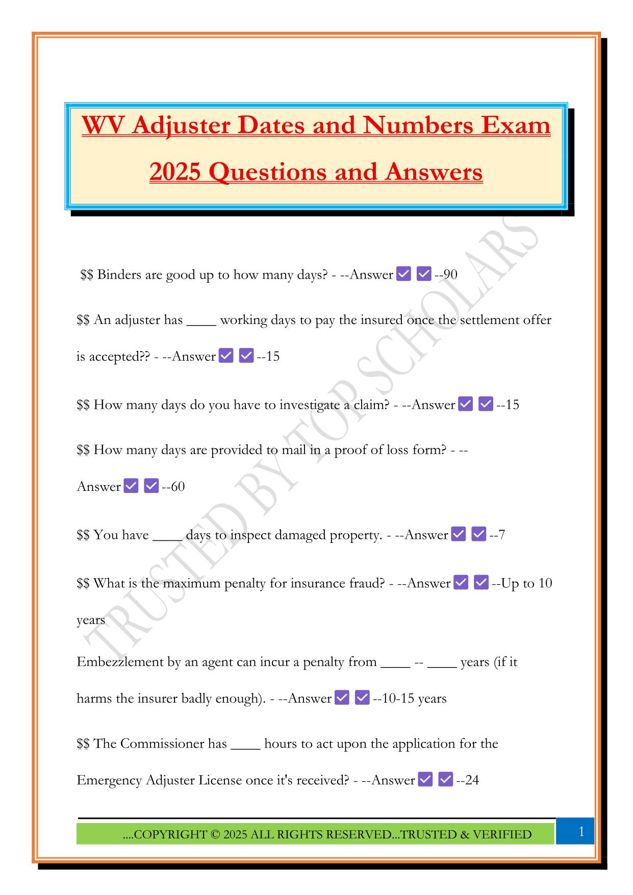 WV Adjuster Dates and Numbers Exam 2025 Questions and Answers