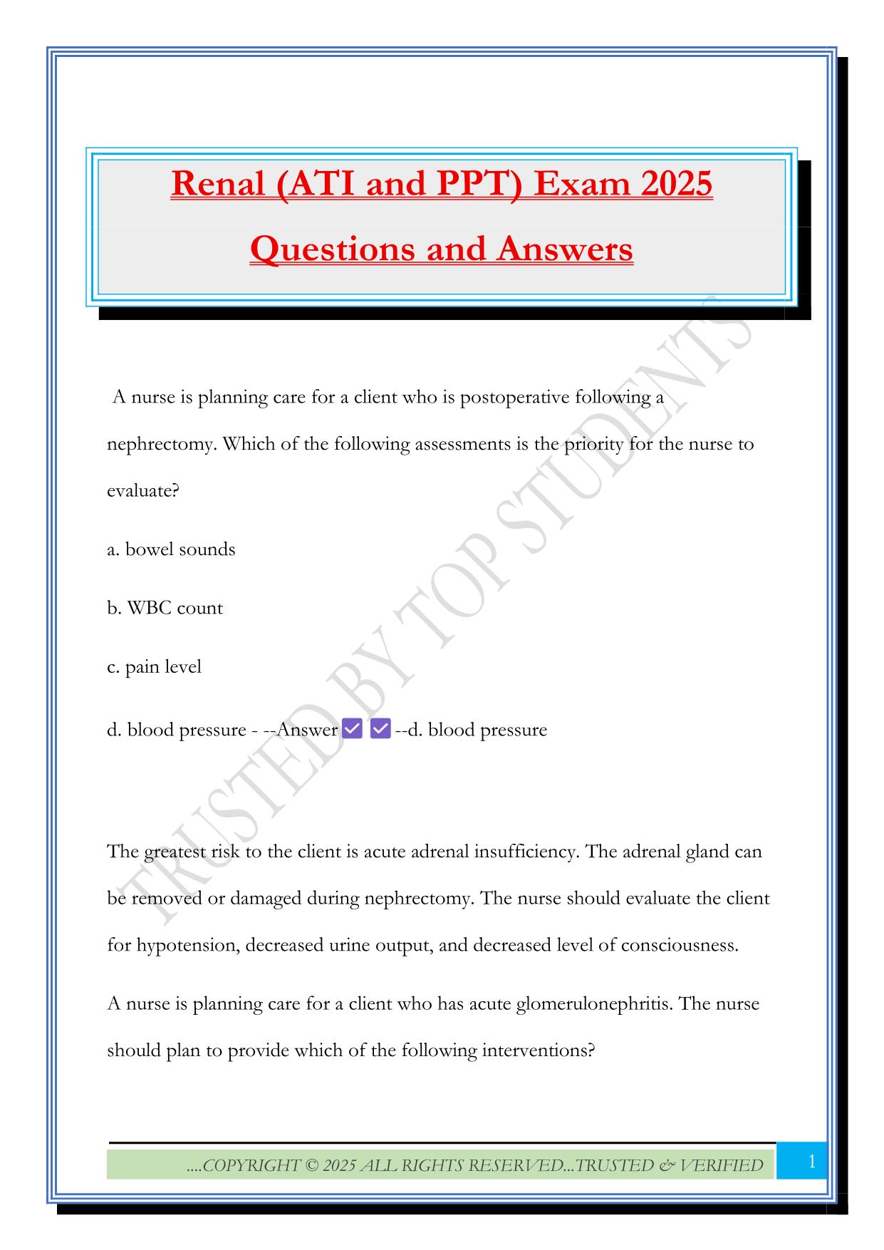 Renal (ATI and PPT) Exam 2025 Questions and Answers