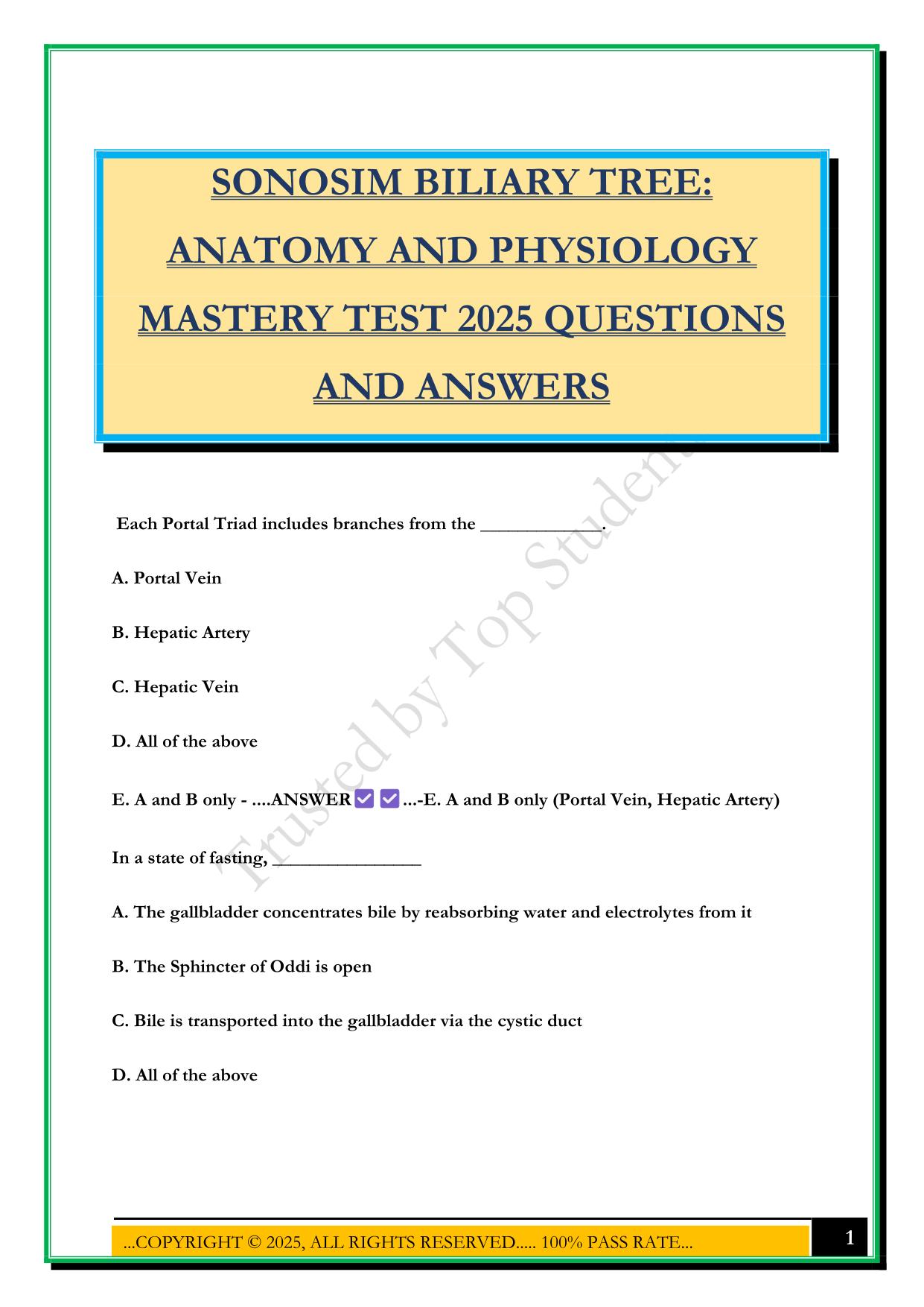SONOSIM BILIARY TREE: ANATOMY AND PHYSIOLOGY MASTERY TEST 2025 QUESTIONS AND ANSWERS