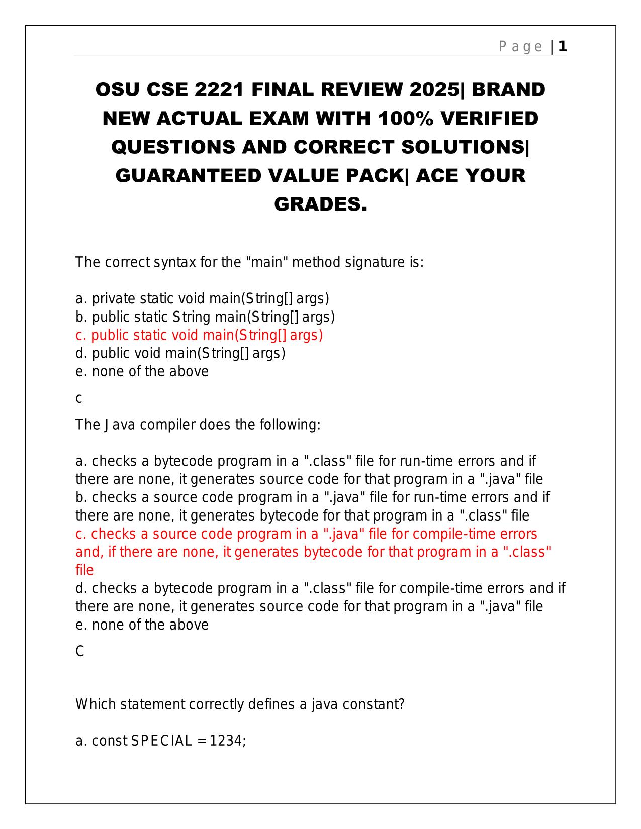 OSU CSE 2221 FINAL REVIEW 2025| BRAND NEW ACTUAL EXAM WITH 100% VERIFIED QUESTIONS AND CORRECT SOLUTIONS| GUARANTEED VALUE PACK| ACE YOUR GRADES.
