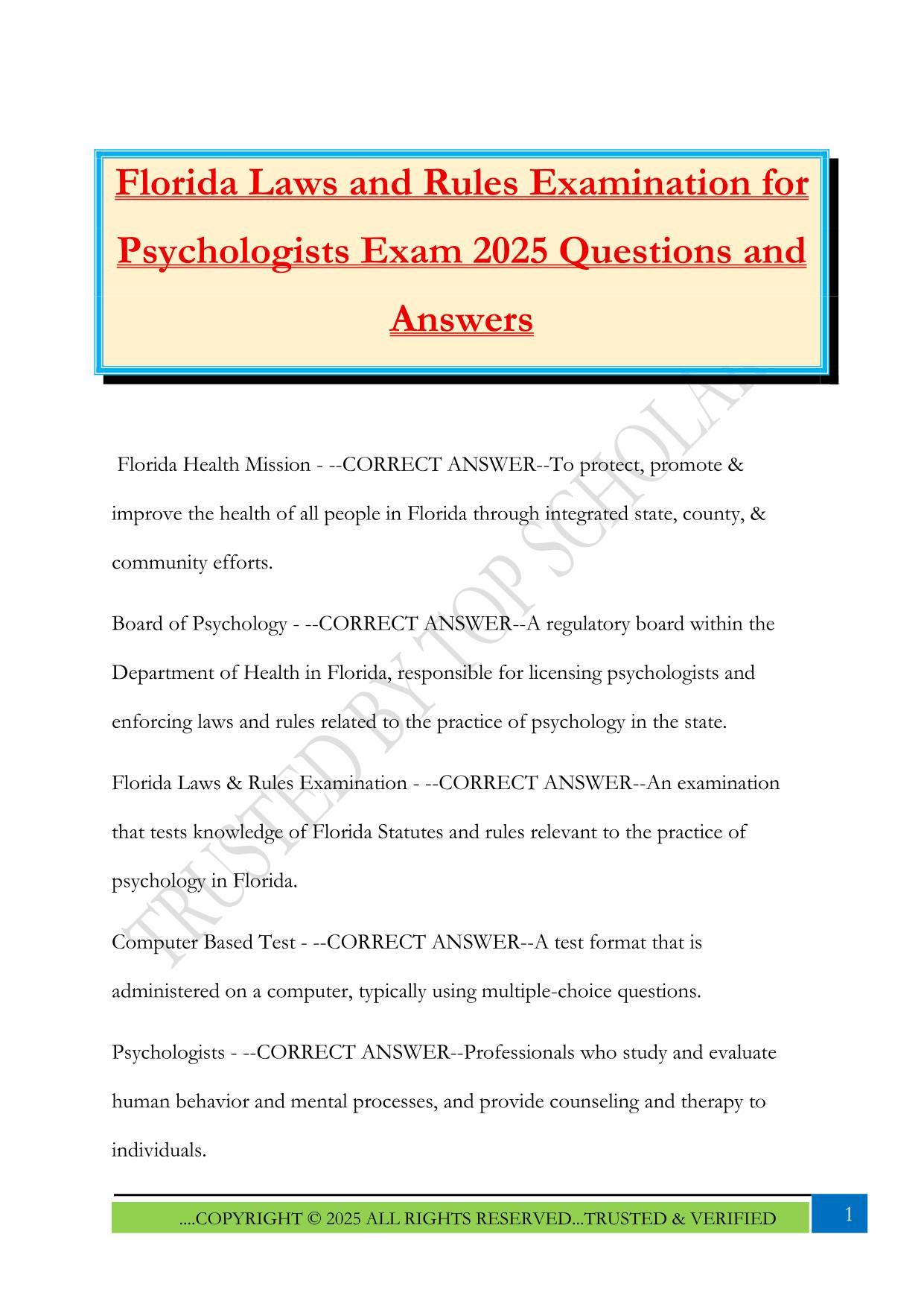 Florida Laws and Rules Examination for Psychologists Exam 2025 Questions and Answers