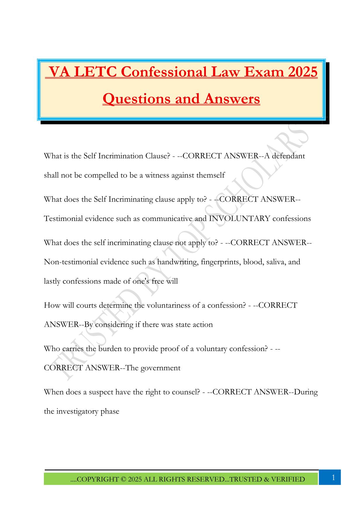 VA LETC Confessional Law Exam 2025 Questions and Answers