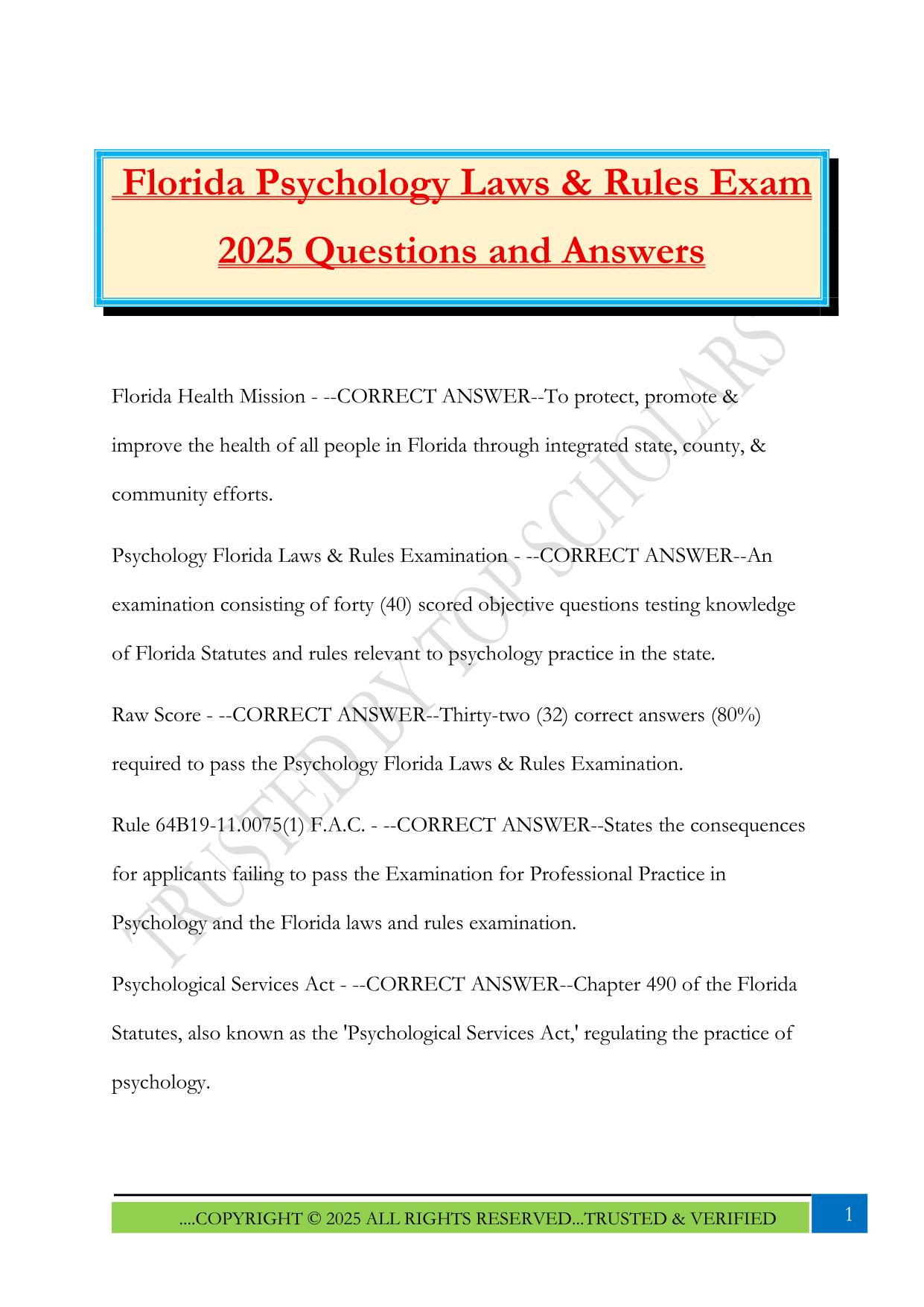 Florida Psychology Laws & Rules Exam 2025 Questions and Answers