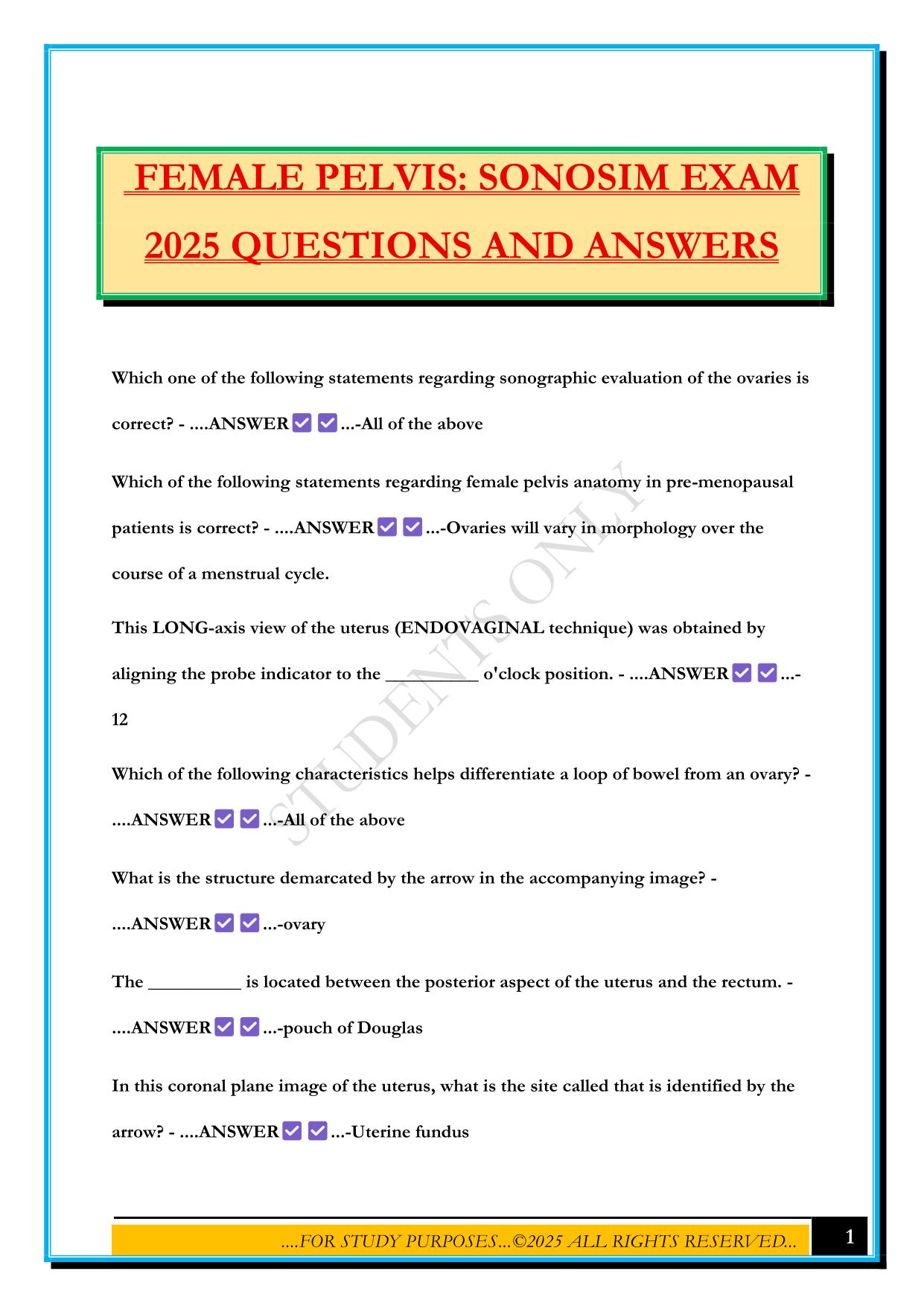 FEMALE PELVIS: SONOSIM EXAM 2025 QUESTIONS AND ANSWERS