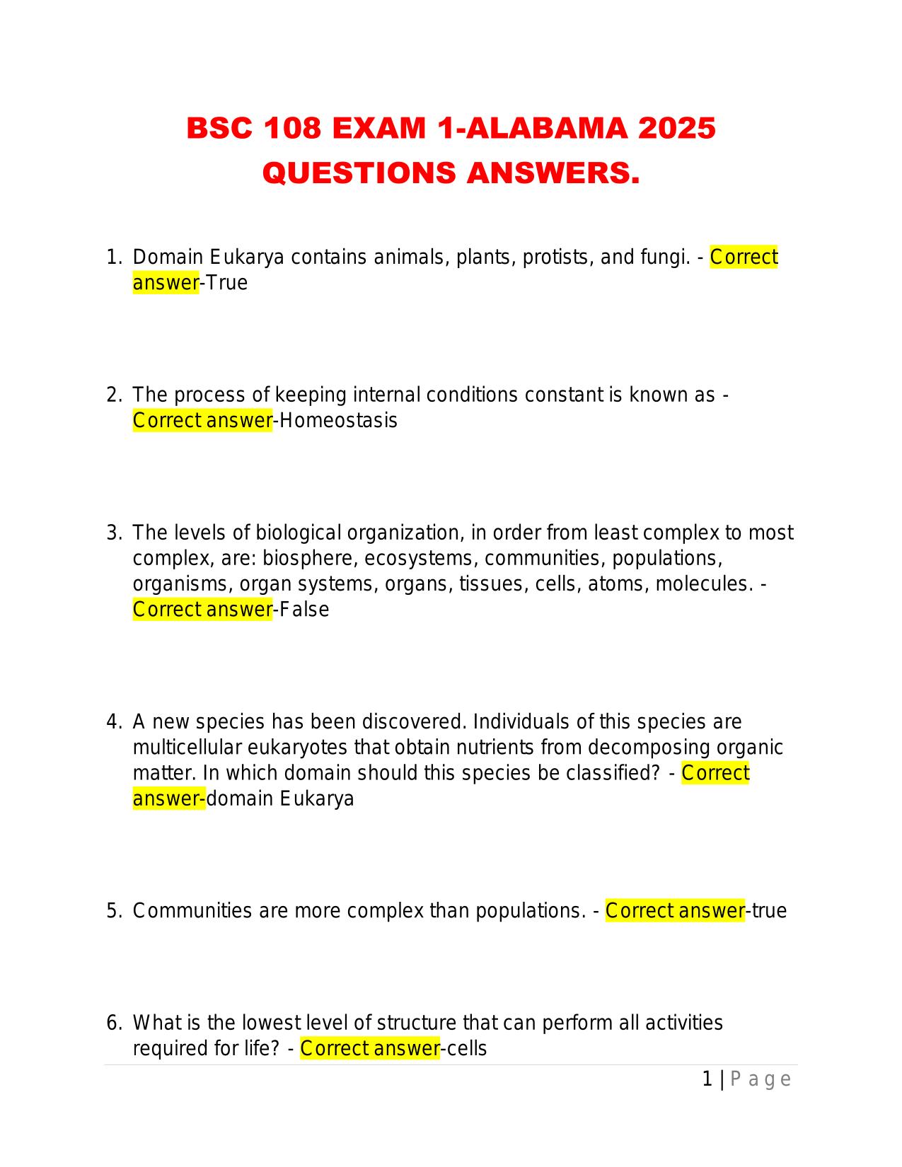 BSC 108 EXAM 1-ALABAMA 2025 QUESTIONS ANSWERS.