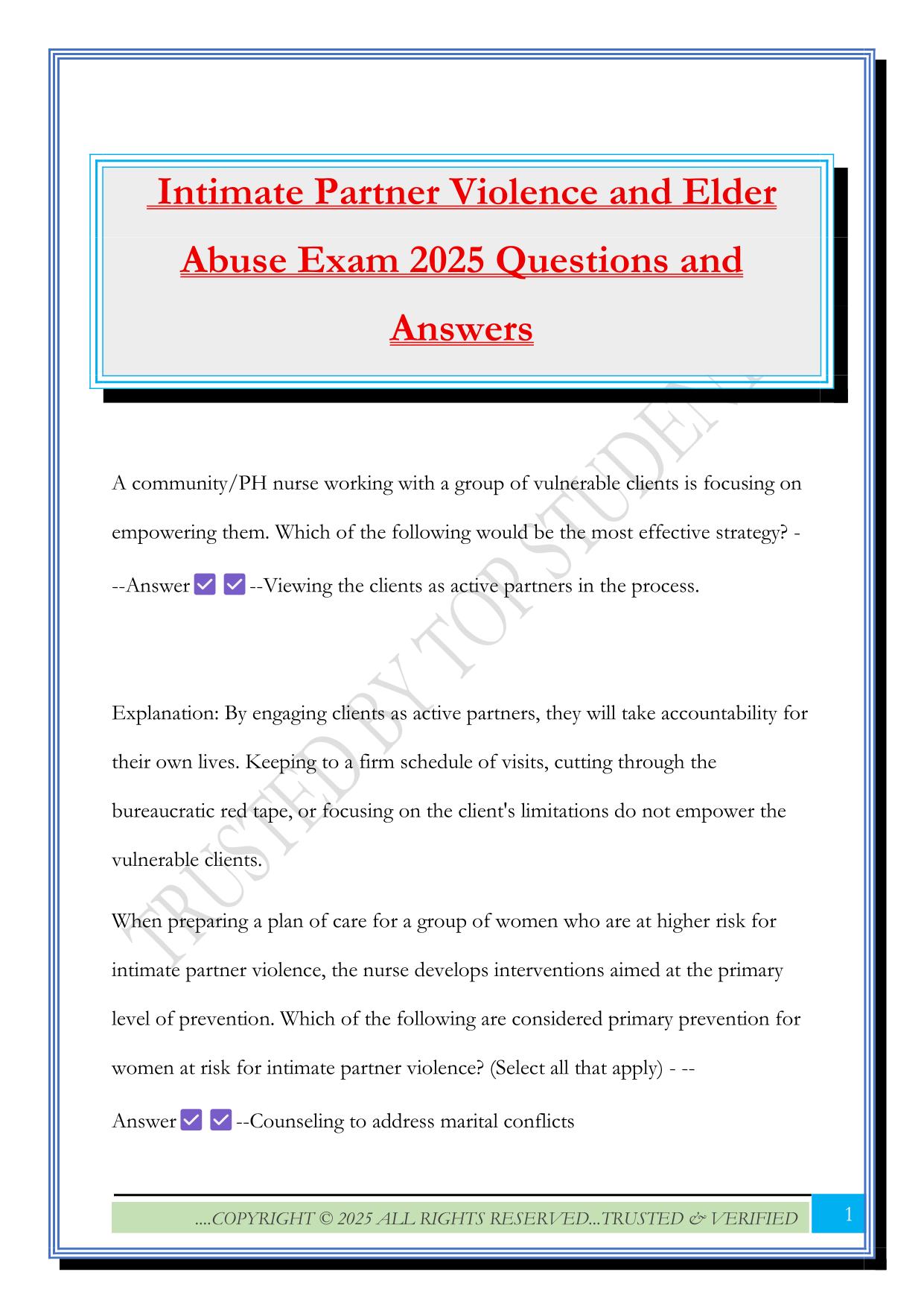 Intimate Partner Violence and Elder Abuse Exam 2025 Questions and Answers
