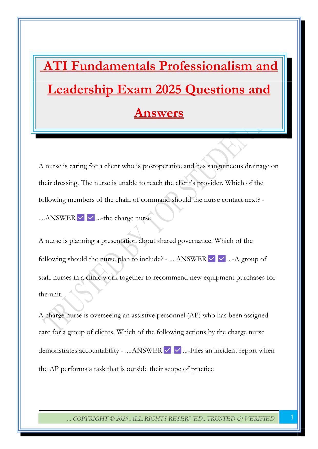 ATI Fundamentals Professionalism and Leadership Exam 2025 Questions and Answers