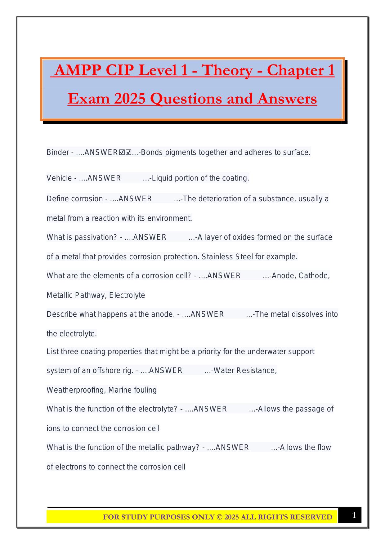 AMPP CIP Level 1 - Theory - Chapter 1 Exam 2025 Questions and Answers