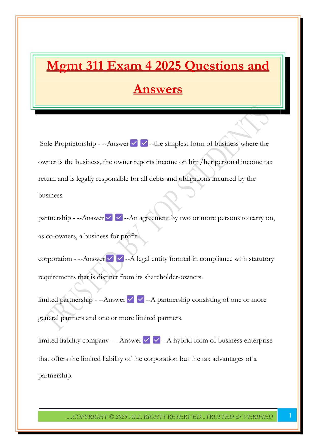 Mgmt 311 Exam 4 2025 Questions and Answers