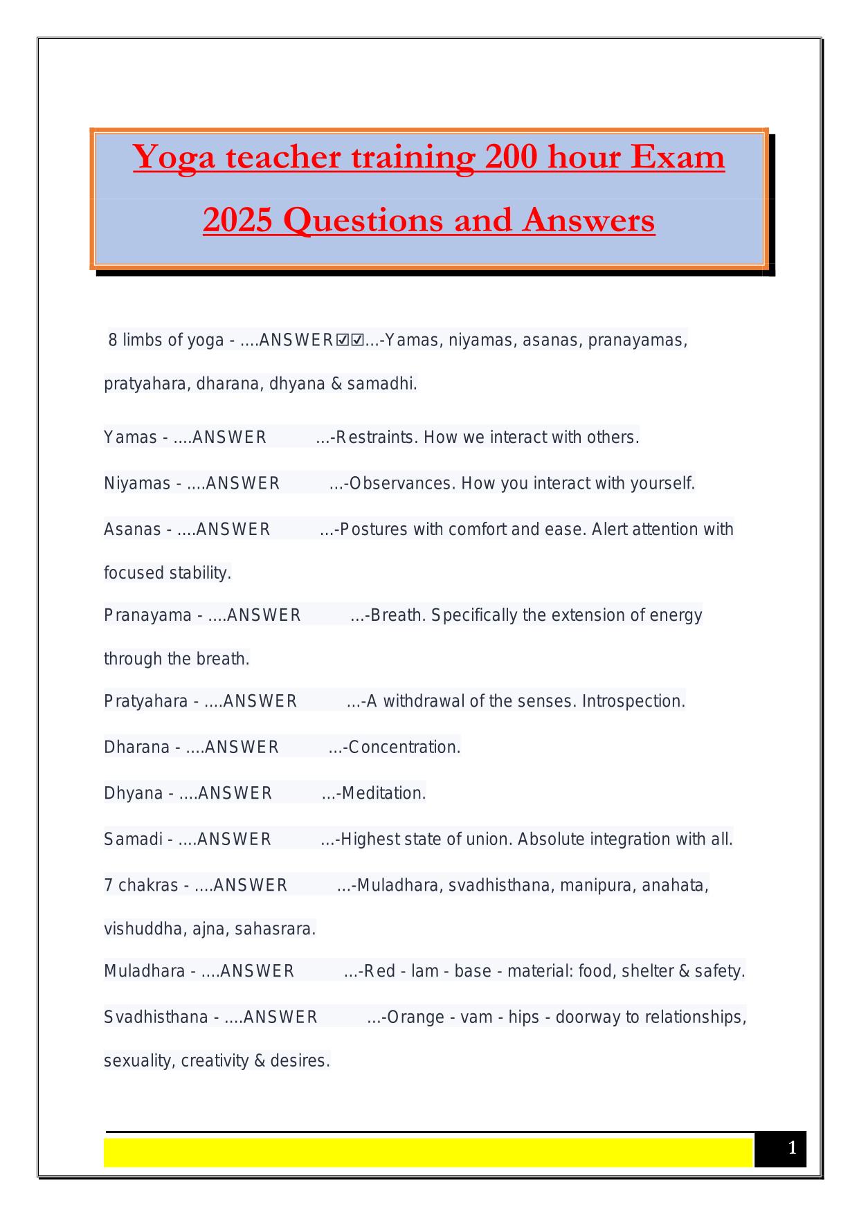 Yoga teacher training 200 hour Exam 2025 Questions and Answers