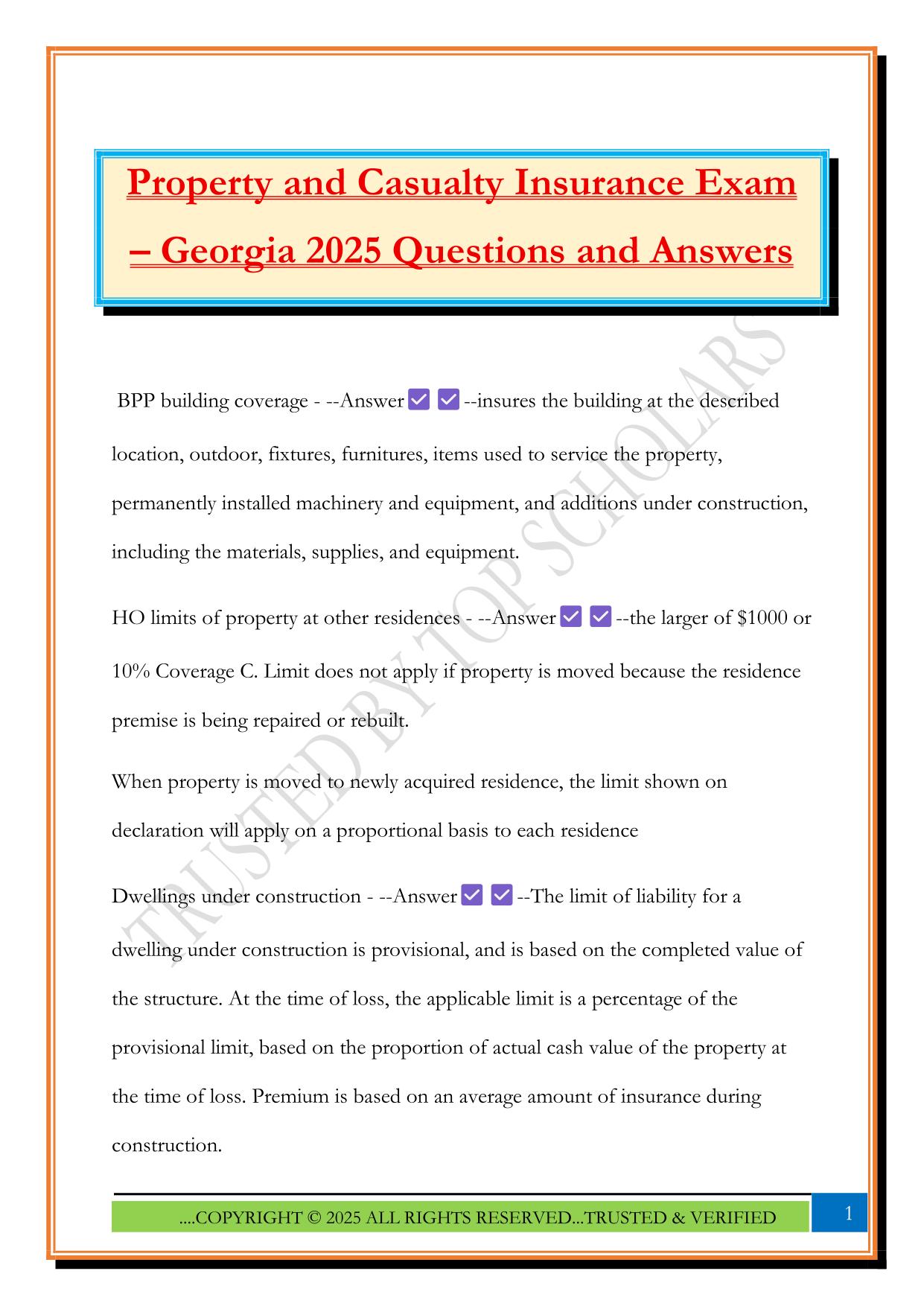 Property and Casualty Insurance Exam – Georgia 2025 Questions and Answers