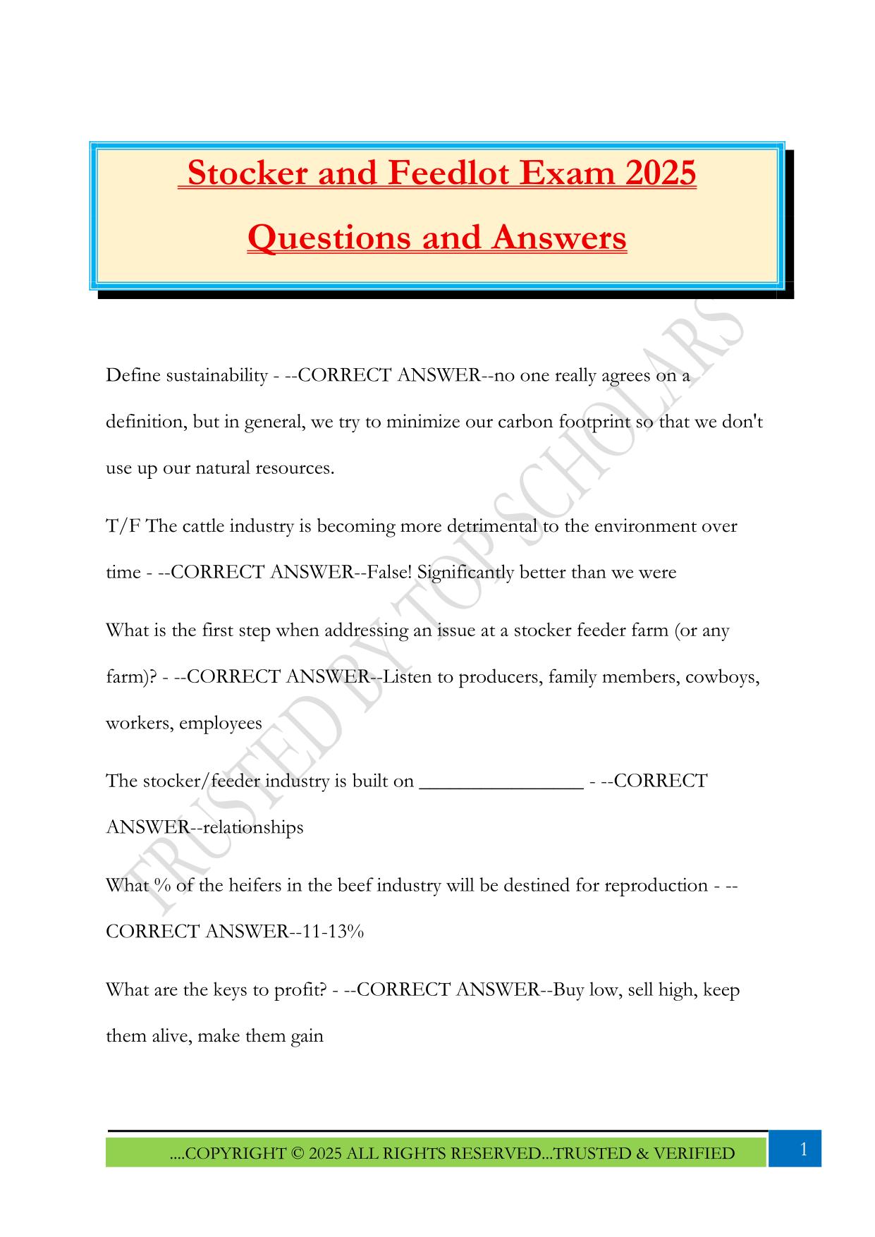 Stockers and Feedlot Fall 2025 Bundled Exams Questions and Answers |100% Pass Updated & Verified