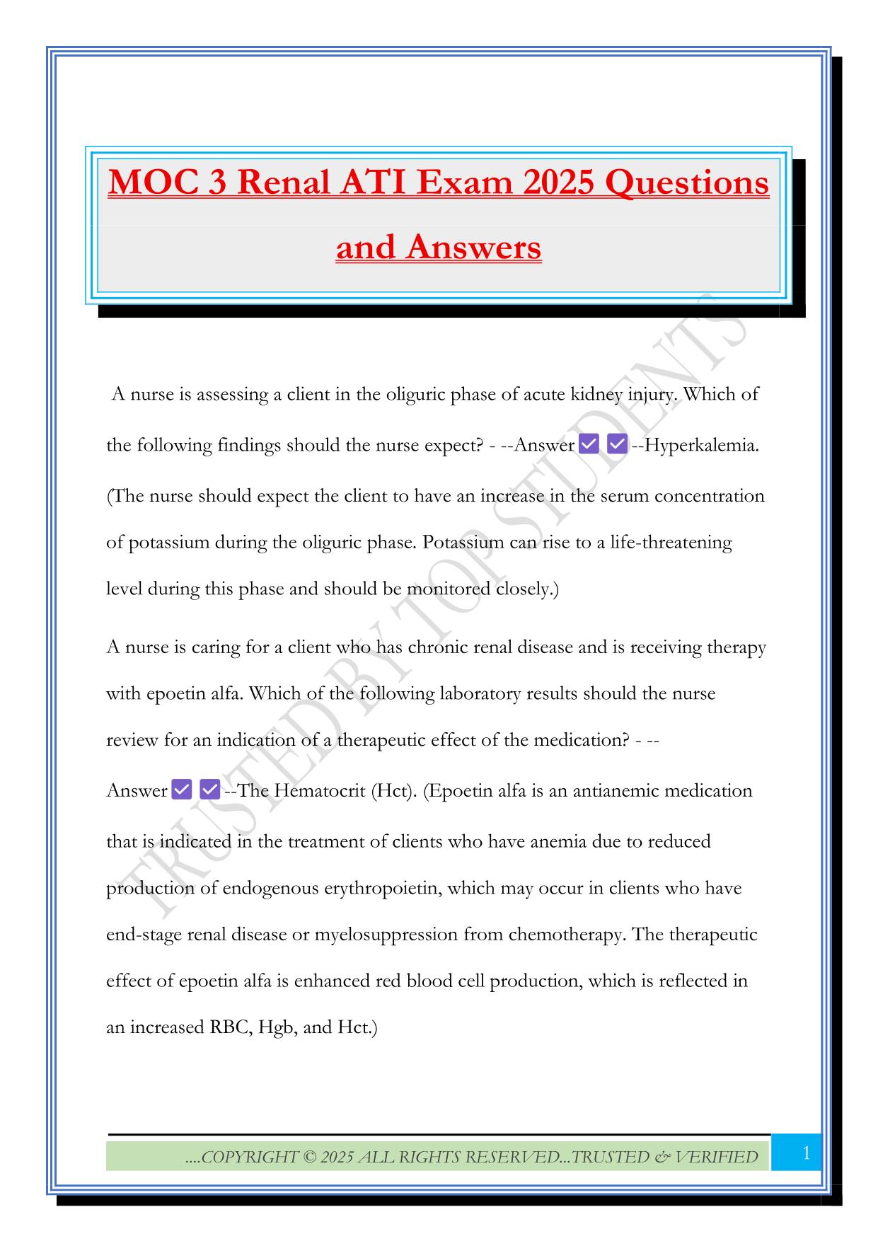 MOC 3 Renal ATI Exam 2025 Questions and Answers