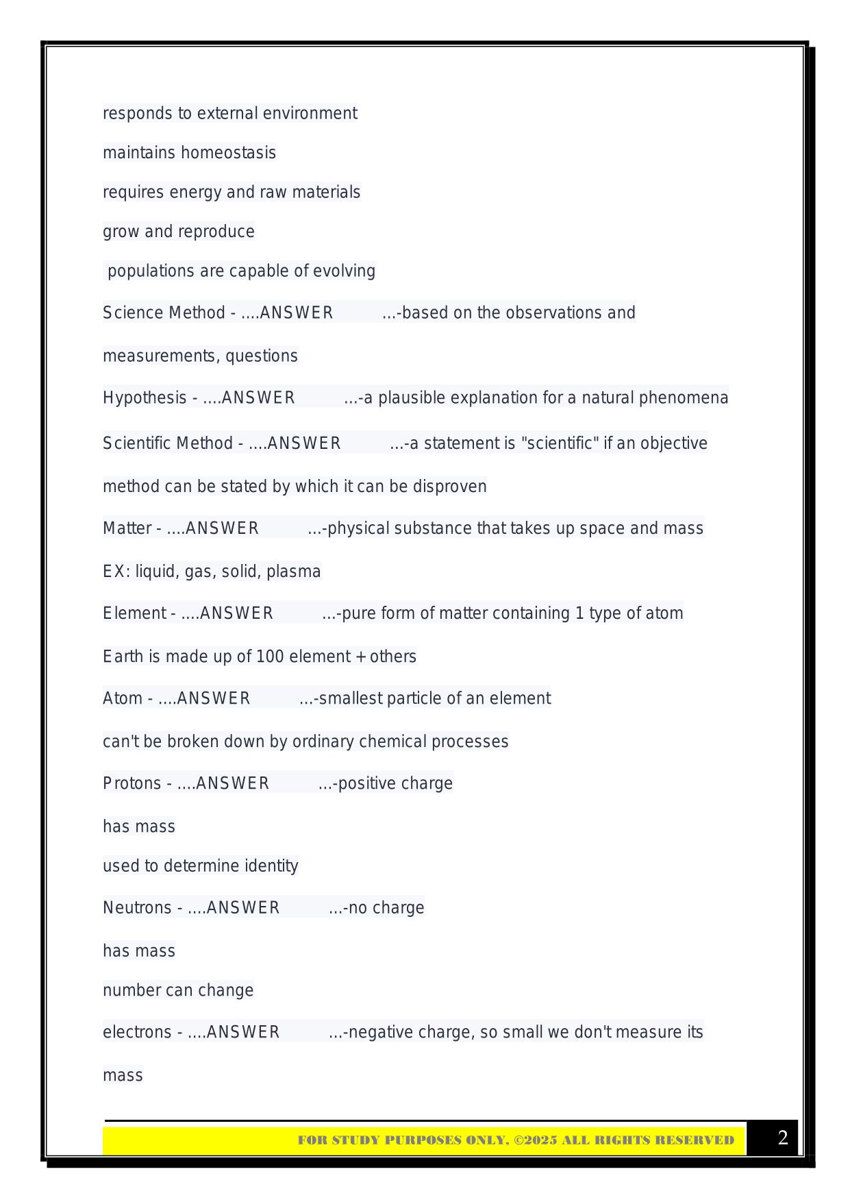 Bio 100 First Exam 2025 Questions and Answers