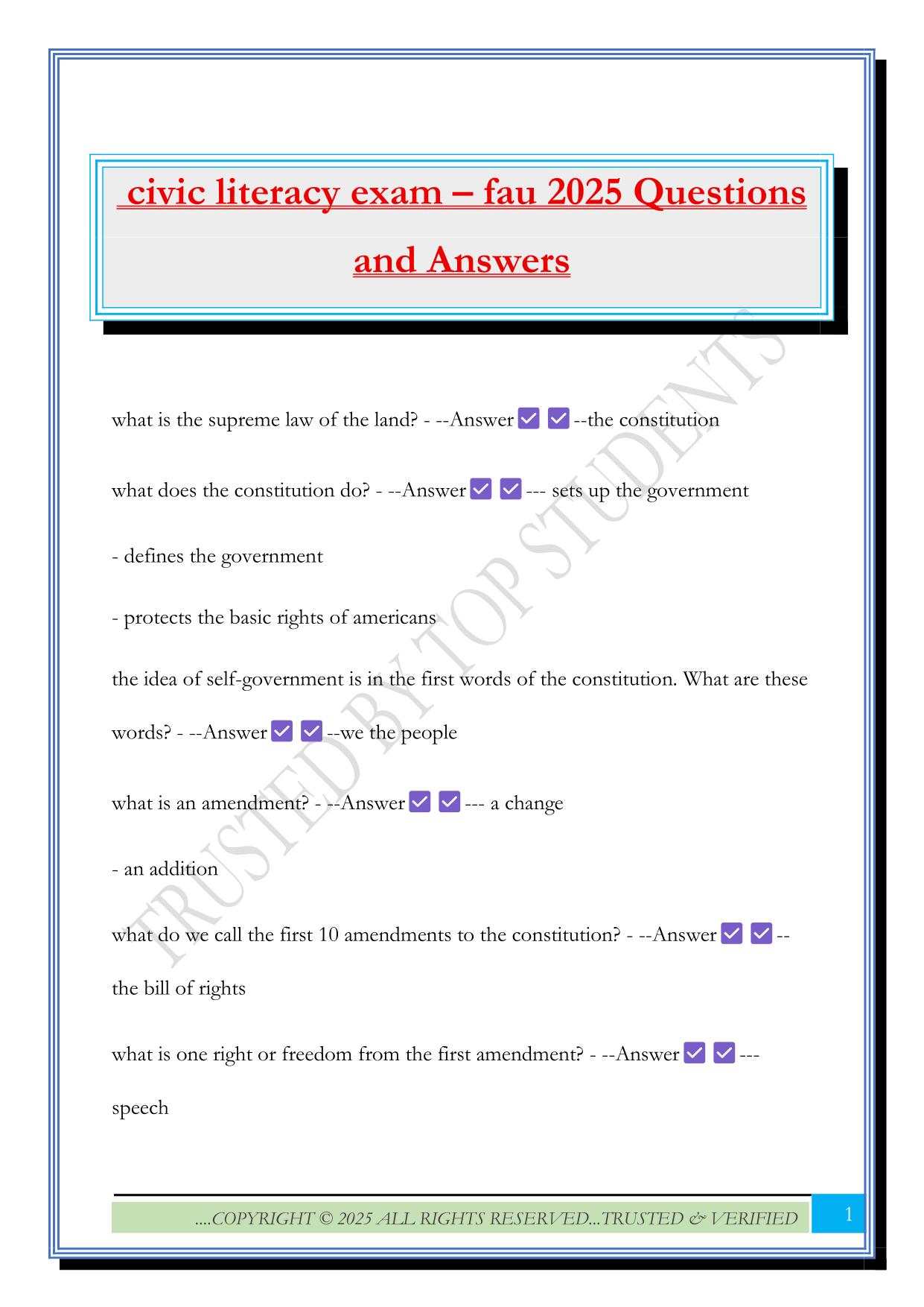 civic literacy exam – fau 2025 Questions and Answers
