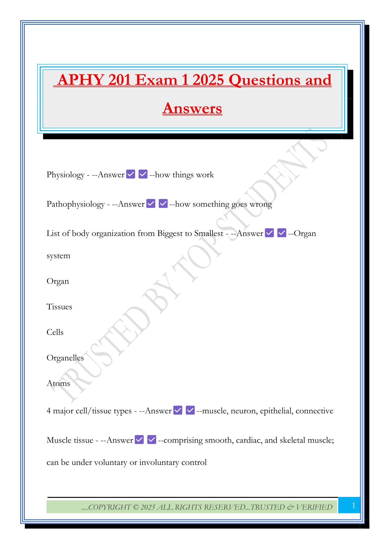APHY 201 Exam 1 2025 Questions and Answers