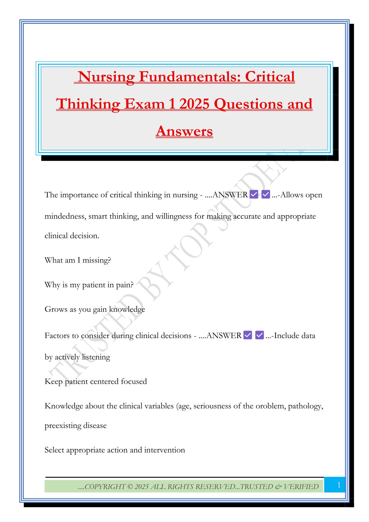 Nursing Fundamentals: Critical Thinking Exam 1 2025 Questions and Answers