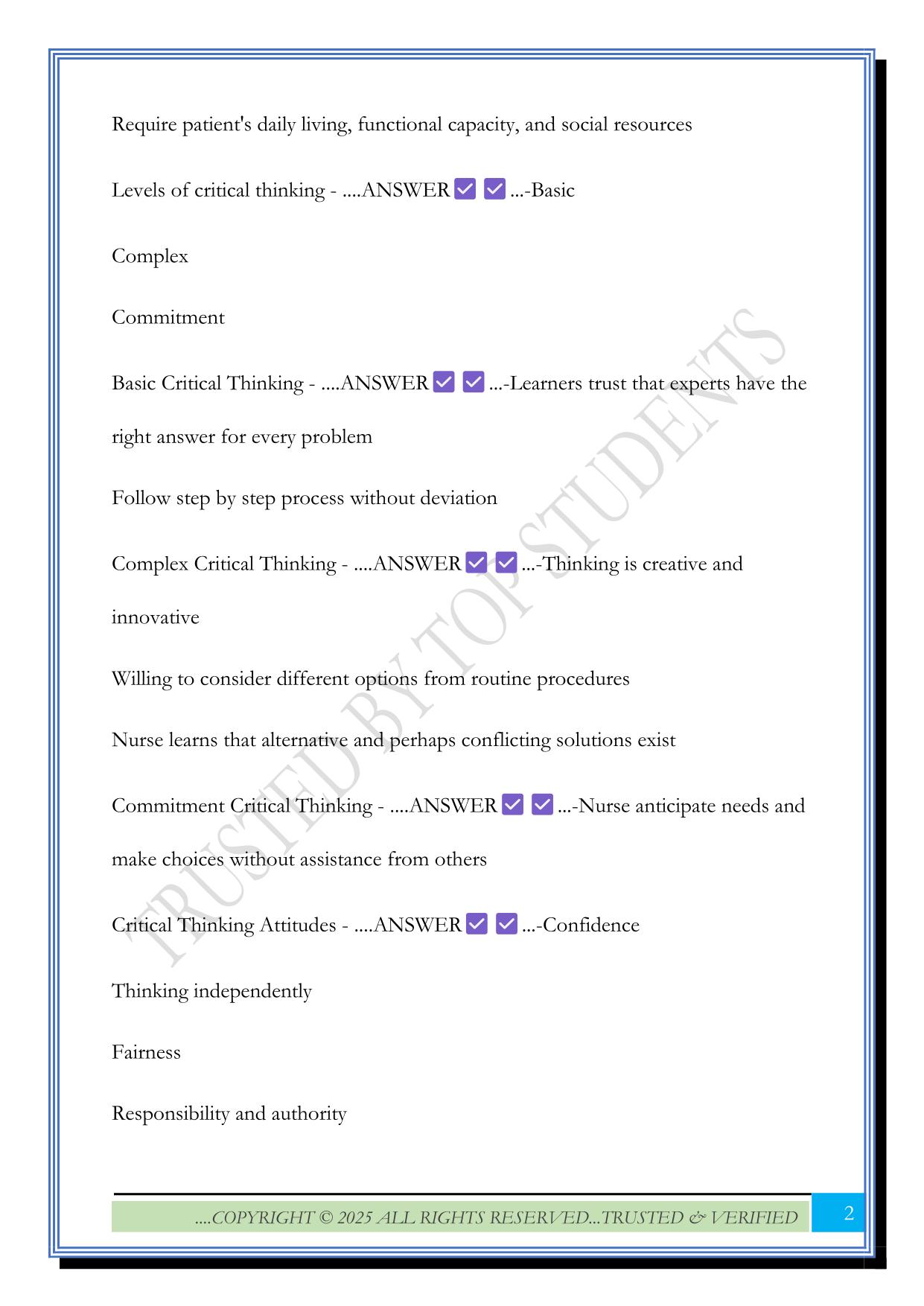 Nursing Fundamentals: Critical Thinking Exam 1 2025 Questions and Answers
