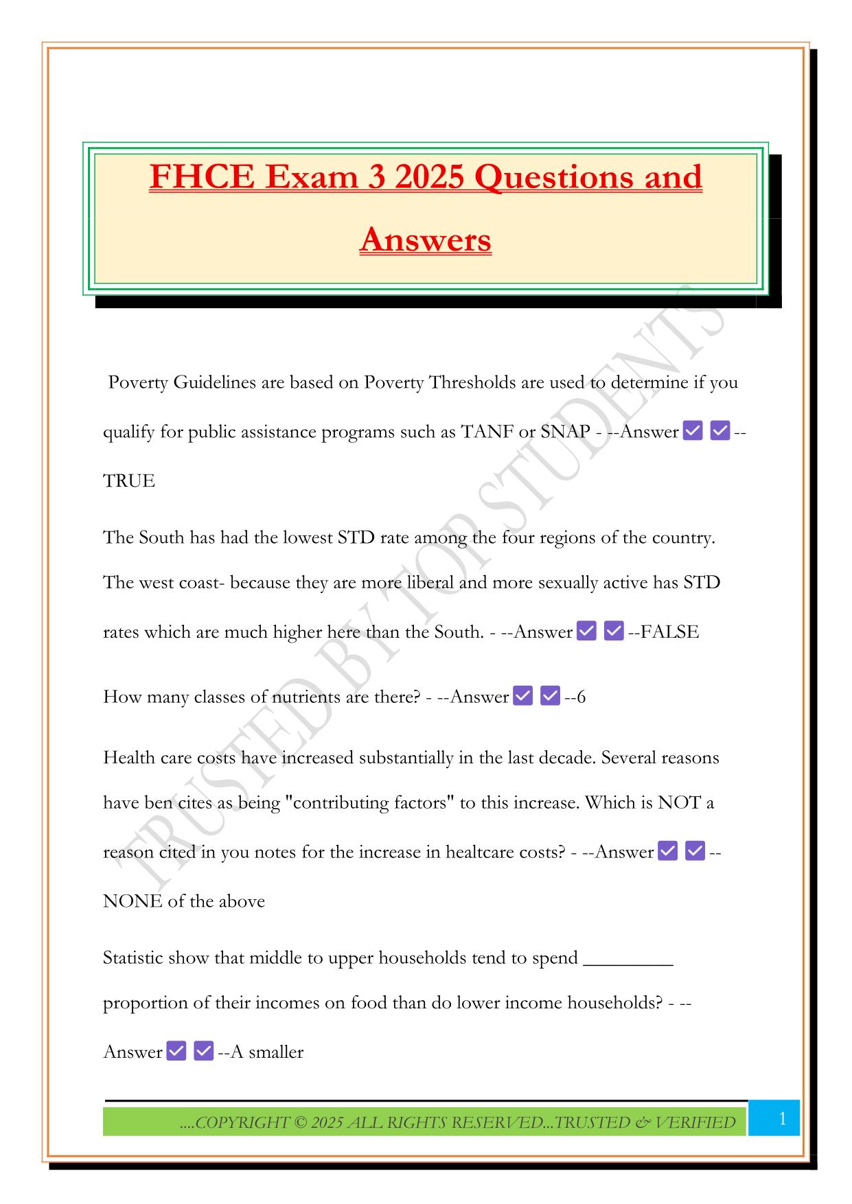FHCE Exam 3 2025 Questions and Answers