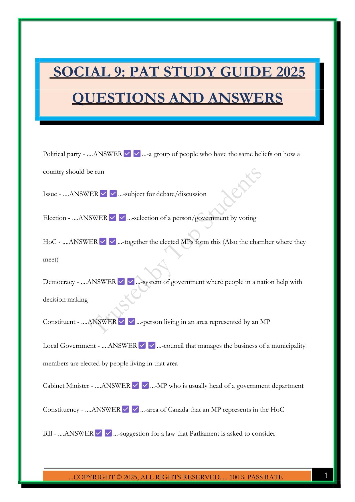 SOCIAL 9: PAT STUDY GUIDE 2025 QUESTIONS AND ANSWERS