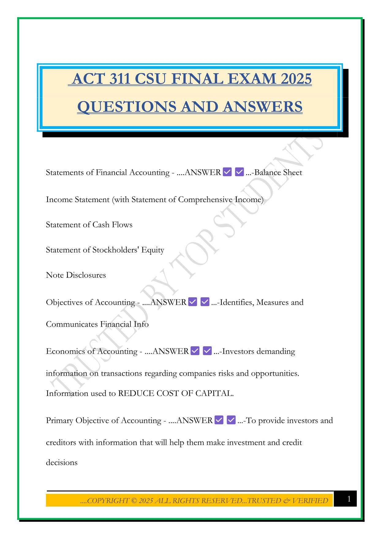 ACT 311 CSU FINAL EXAM 2025 QUESTIONS AND ANSWERS