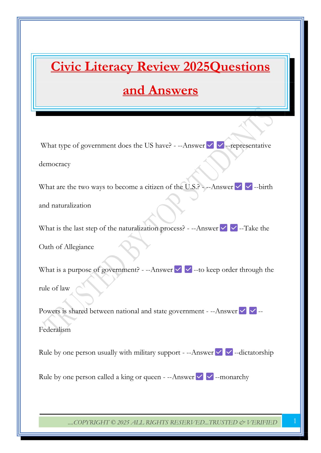 Civic Literacy Review 2025Questions and Answers