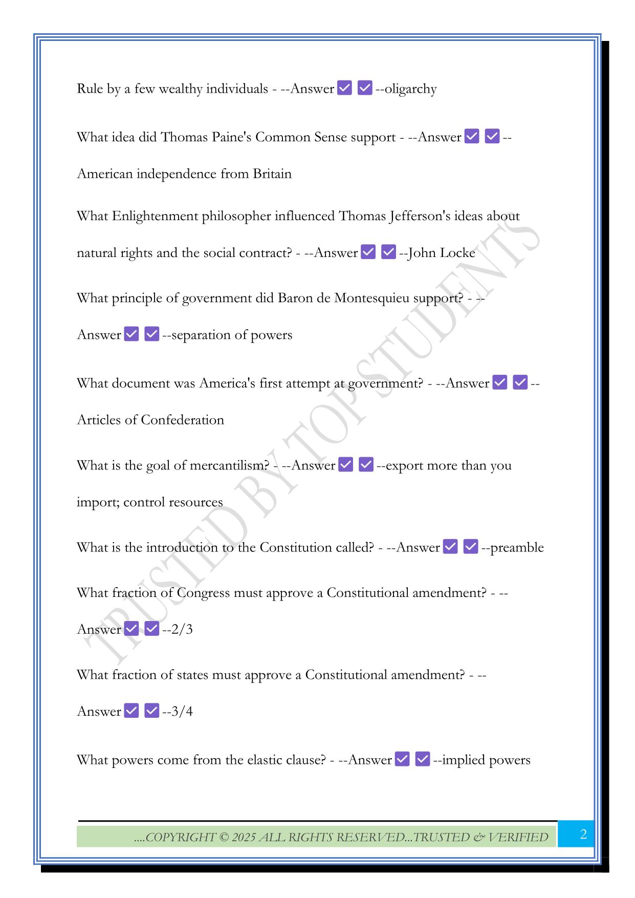 Civic Literacy Review 2025Questions and Answers