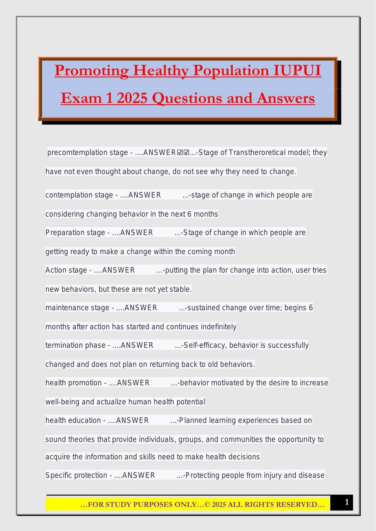 Promoting Healthy Population IUPUI Exam 1 2025 Questions and Answers
