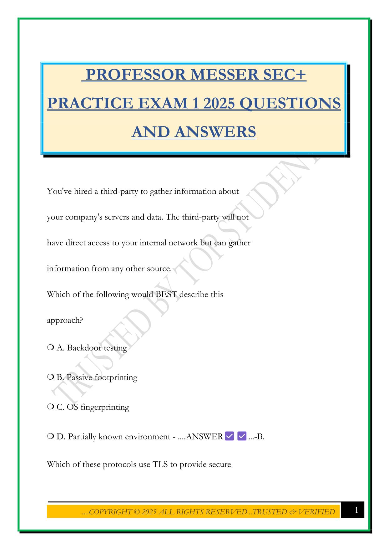 PROFESSOR MESSER SEC+ PRACTICE EXAM 1 2025 QUESTIONS AND ANSWERS