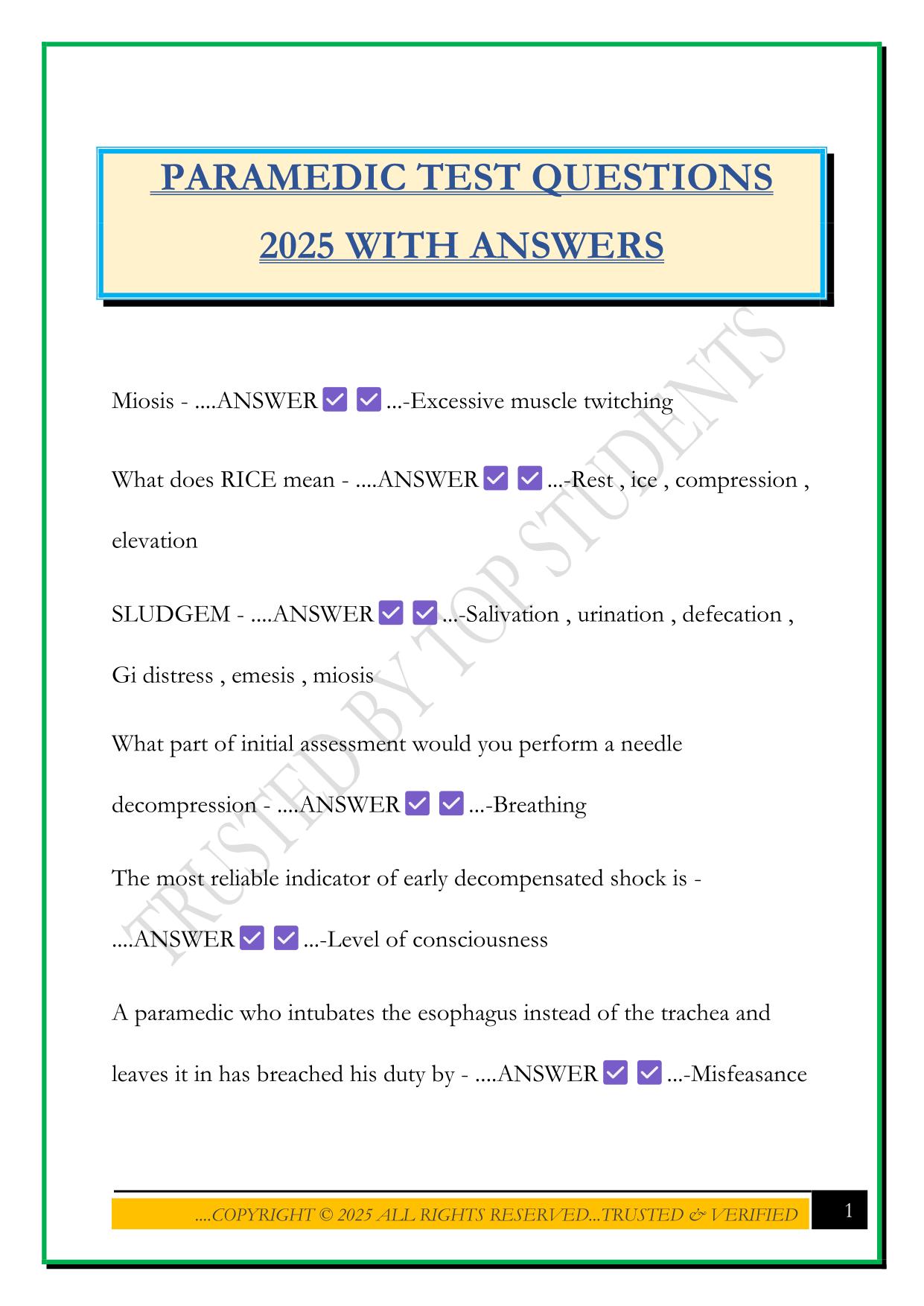 PARAMEDIC TEST QUESTIONS 2025 WITH ANSWERS