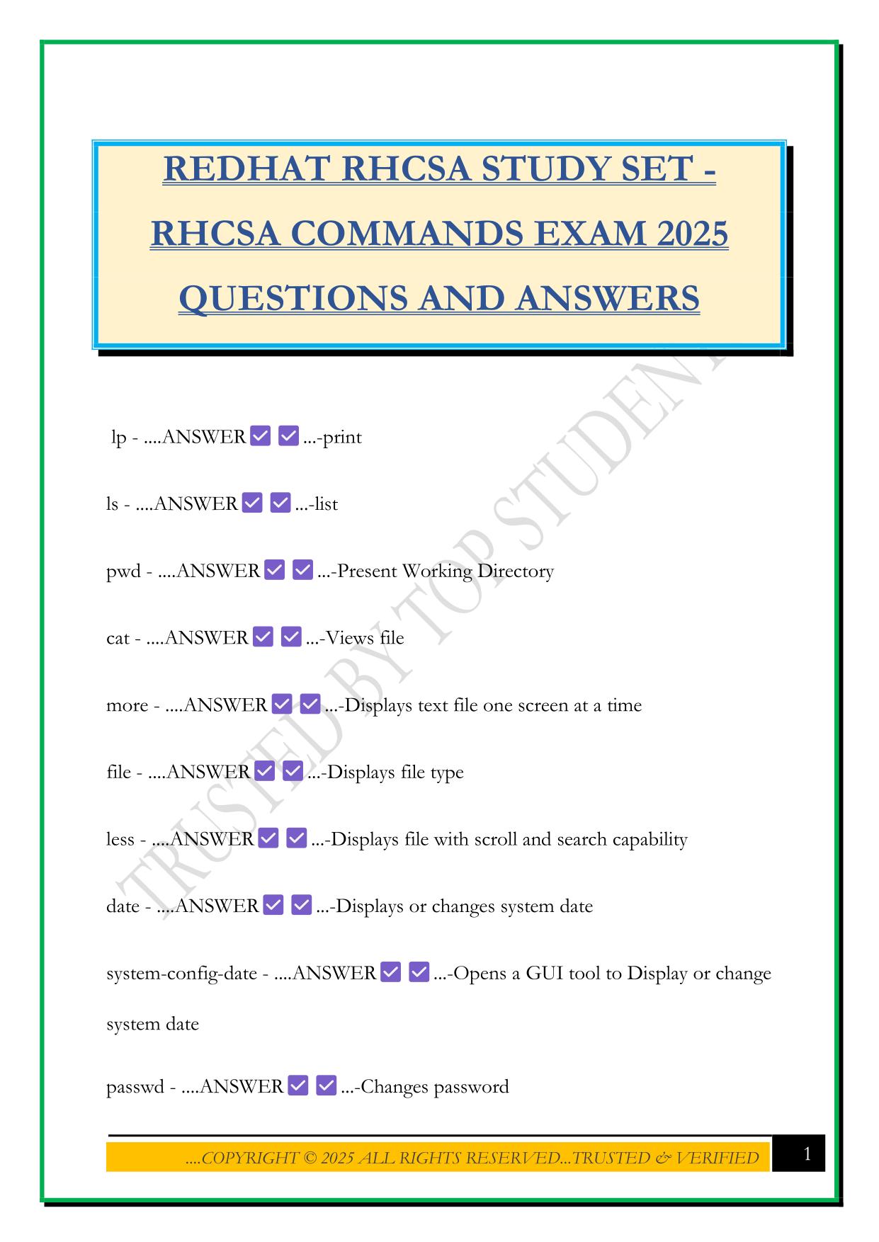REDHAT RHCSA STUDY SET - RHCSA COMMANDS EXAM 2025 QUESTIONS AND ANSWERS