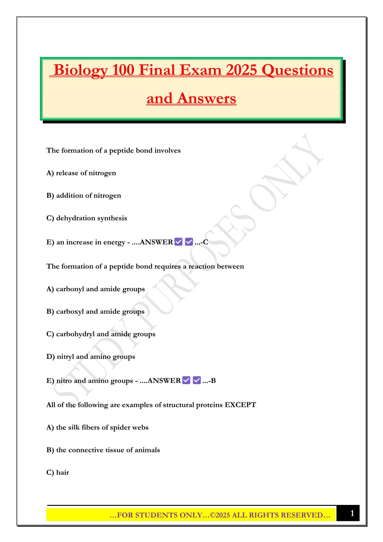 Biology 100 Final Exam 2025 Questions and Answers