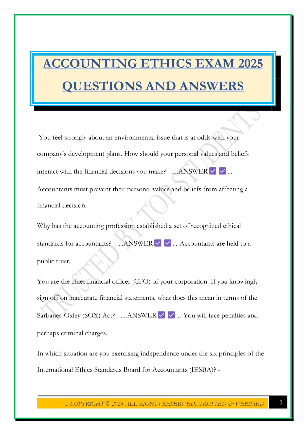 ACCOUNTING ETHICS EXAM 2025 QUESTIONS AND ANSWERS