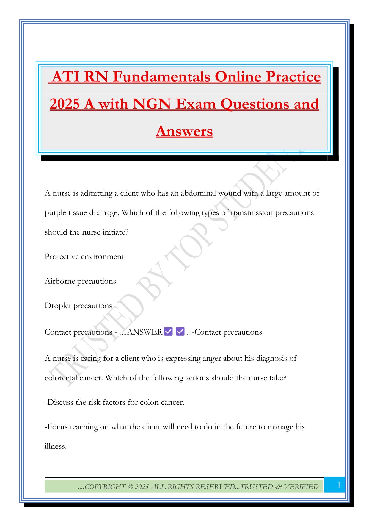 ATI RN Fundamentals Online Practice 2025 A with NGN Exam Questions and Answers