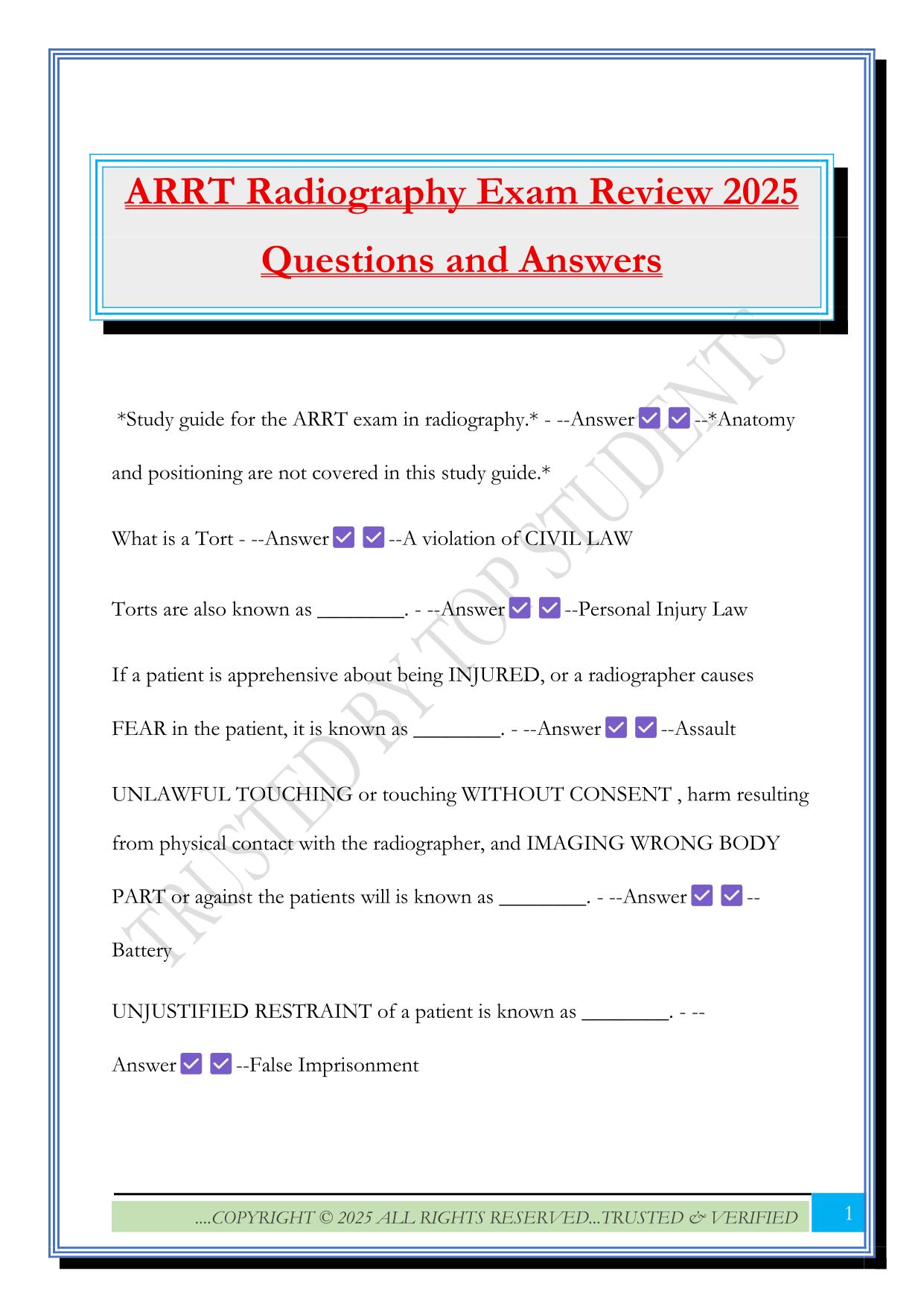ARRT Radiography Exam Review 2025 Questions and Answers