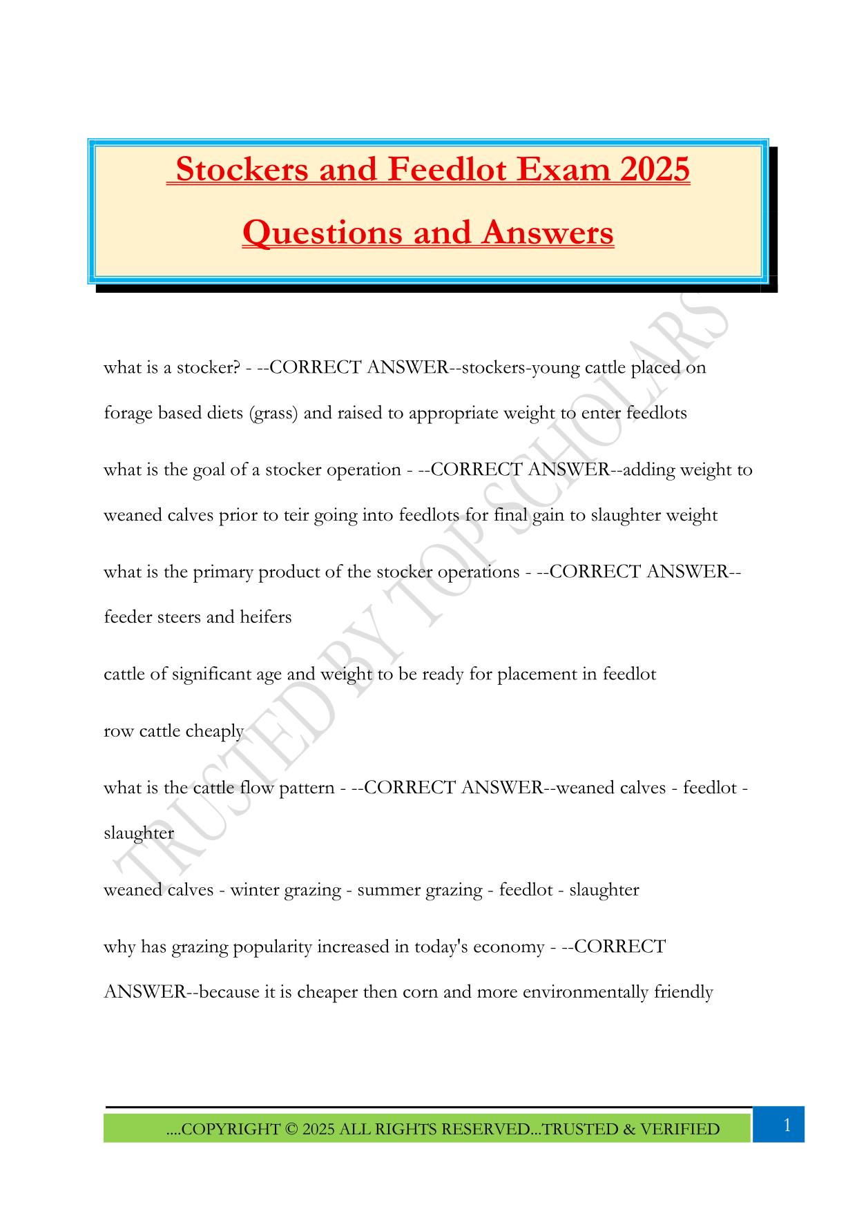 Stockers and Feedlot Exam 2025 Questions and Answers