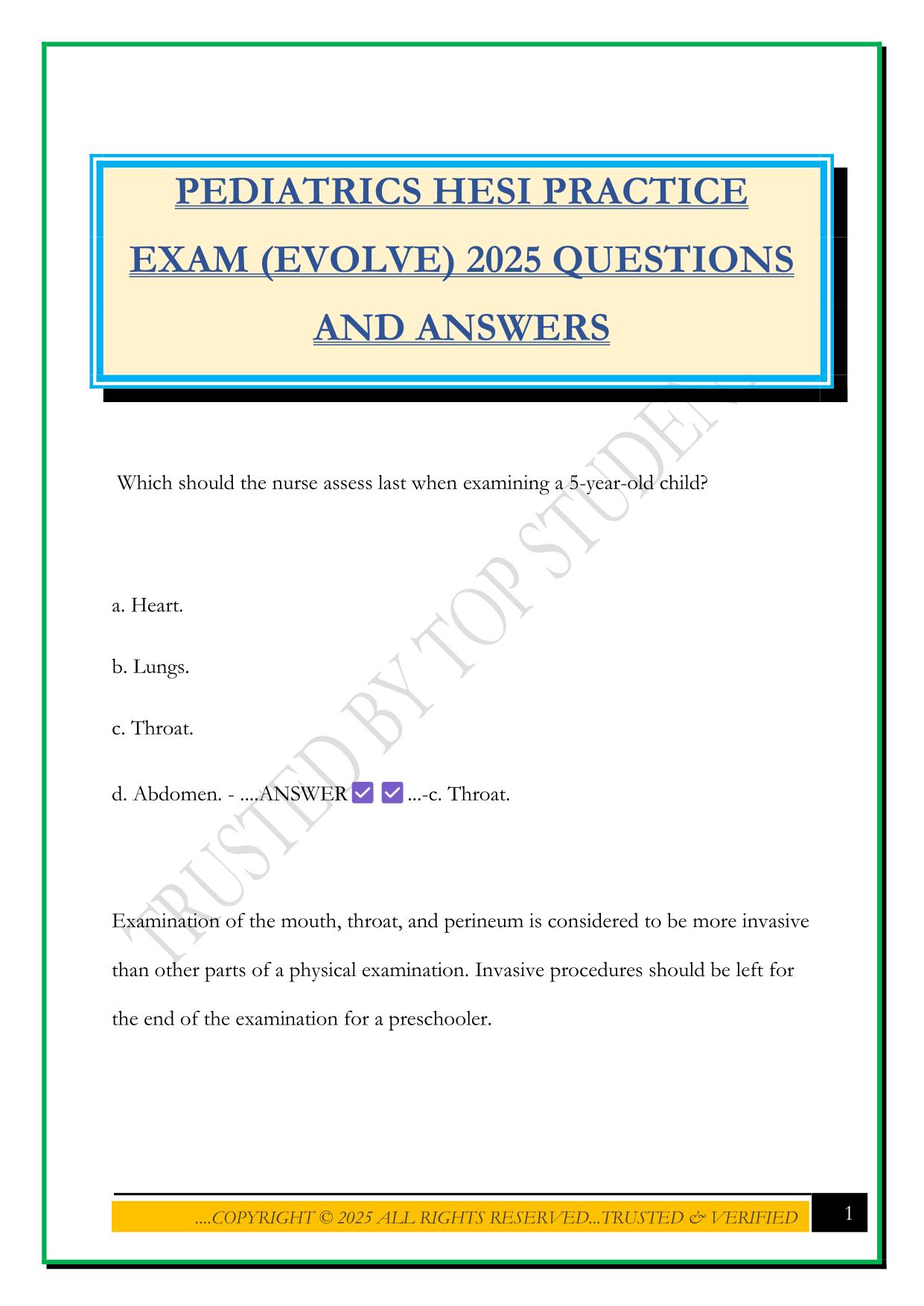 PEDIATRICS HESI PRACTICE EXAM (EVOLVE) 2025 QUESTIONS AND ANSWERS