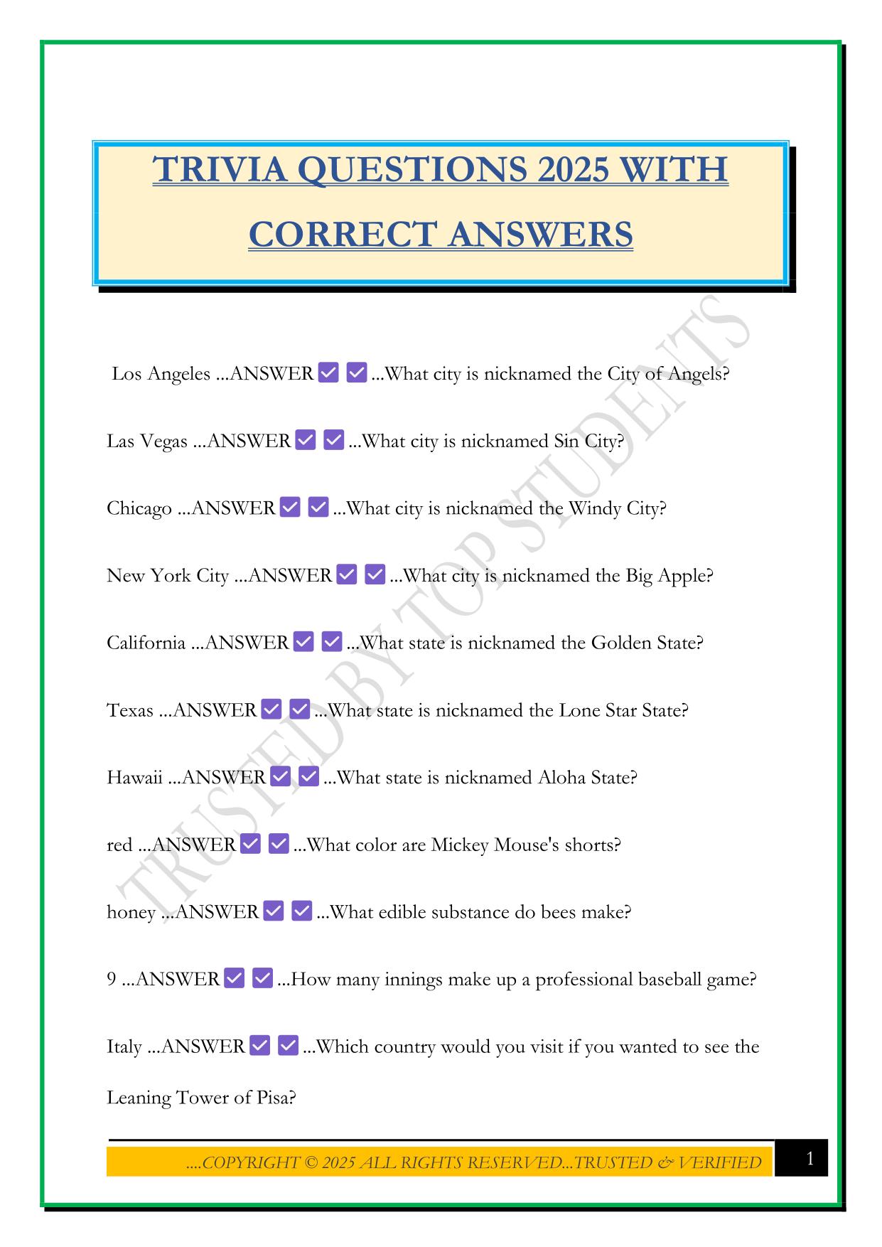 TRIVIA QUESTIONS 2025 WITH CORRECT ANSWERS