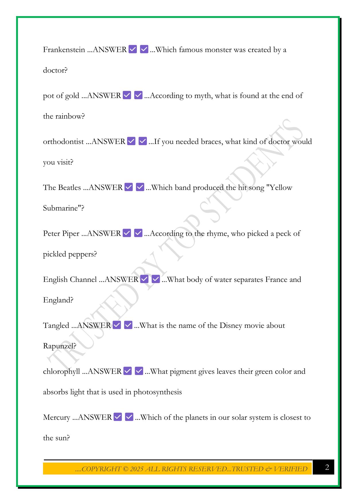 TRIVIA QUESTIONS 2025 WITH CORRECT ANSWERS