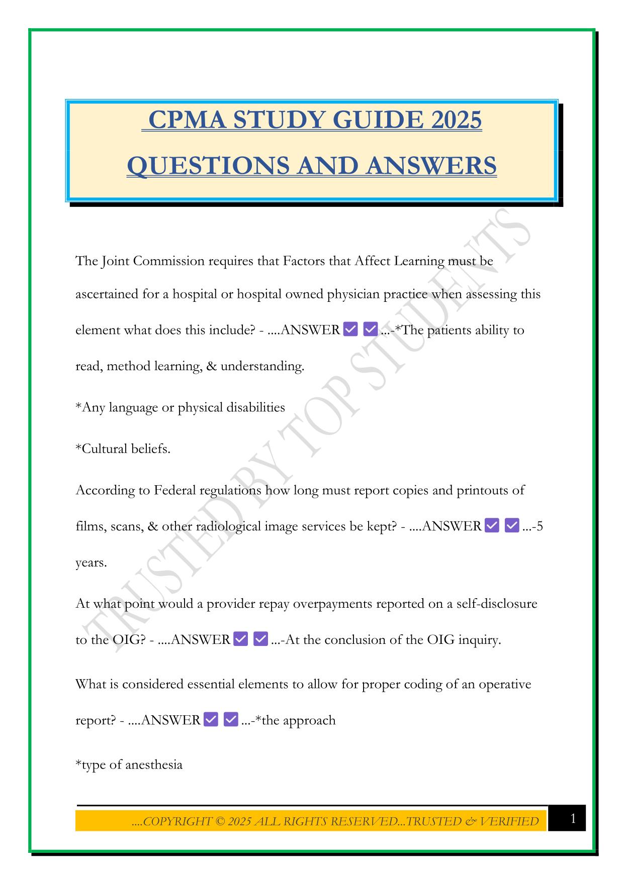 CPMA STUDY GUIDE 2025 QUESTIONS AND ANSWERS
