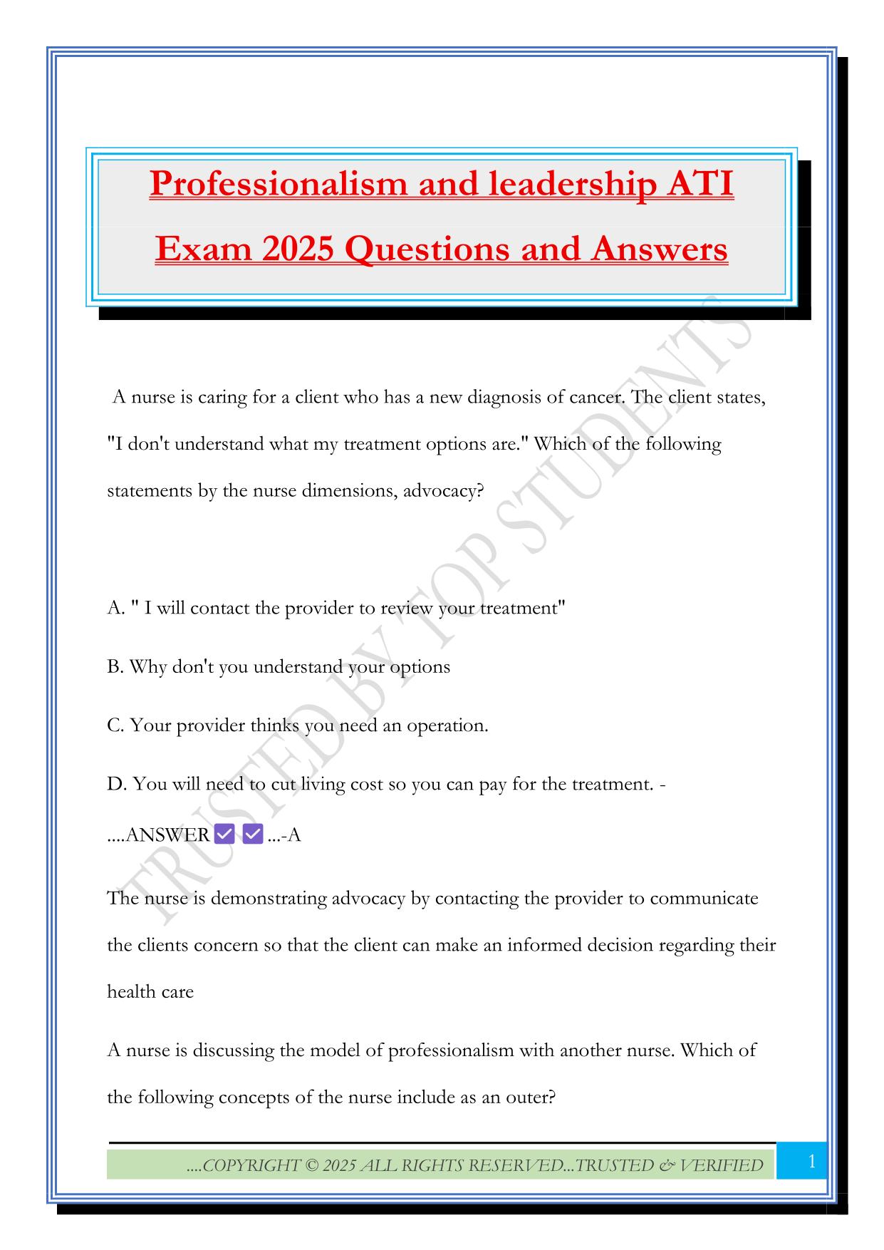 Professionalism and leadership ATI Exam 2025 Questions and Answers