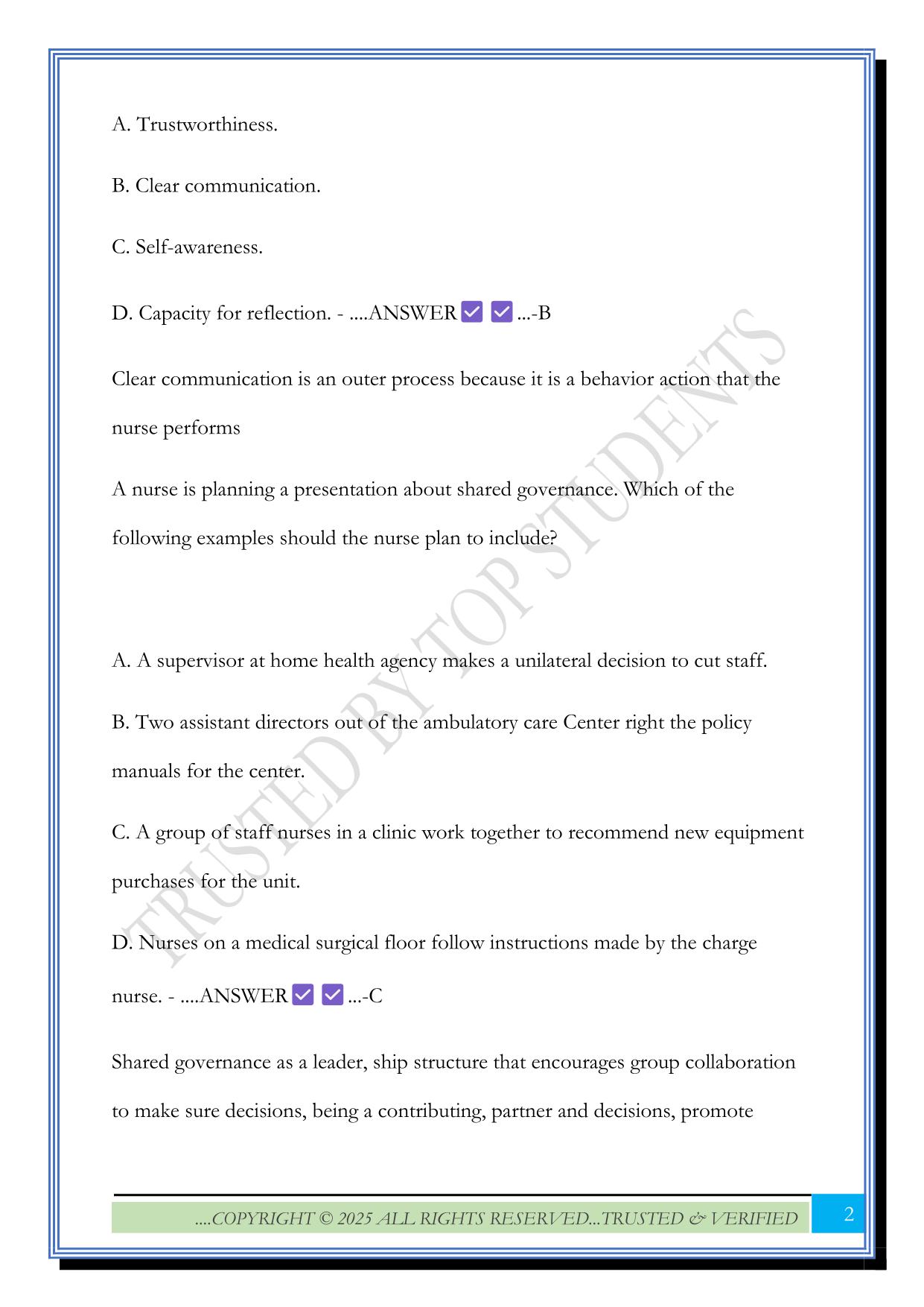 Professionalism and leadership ATI Exam 2025 Questions and Answers