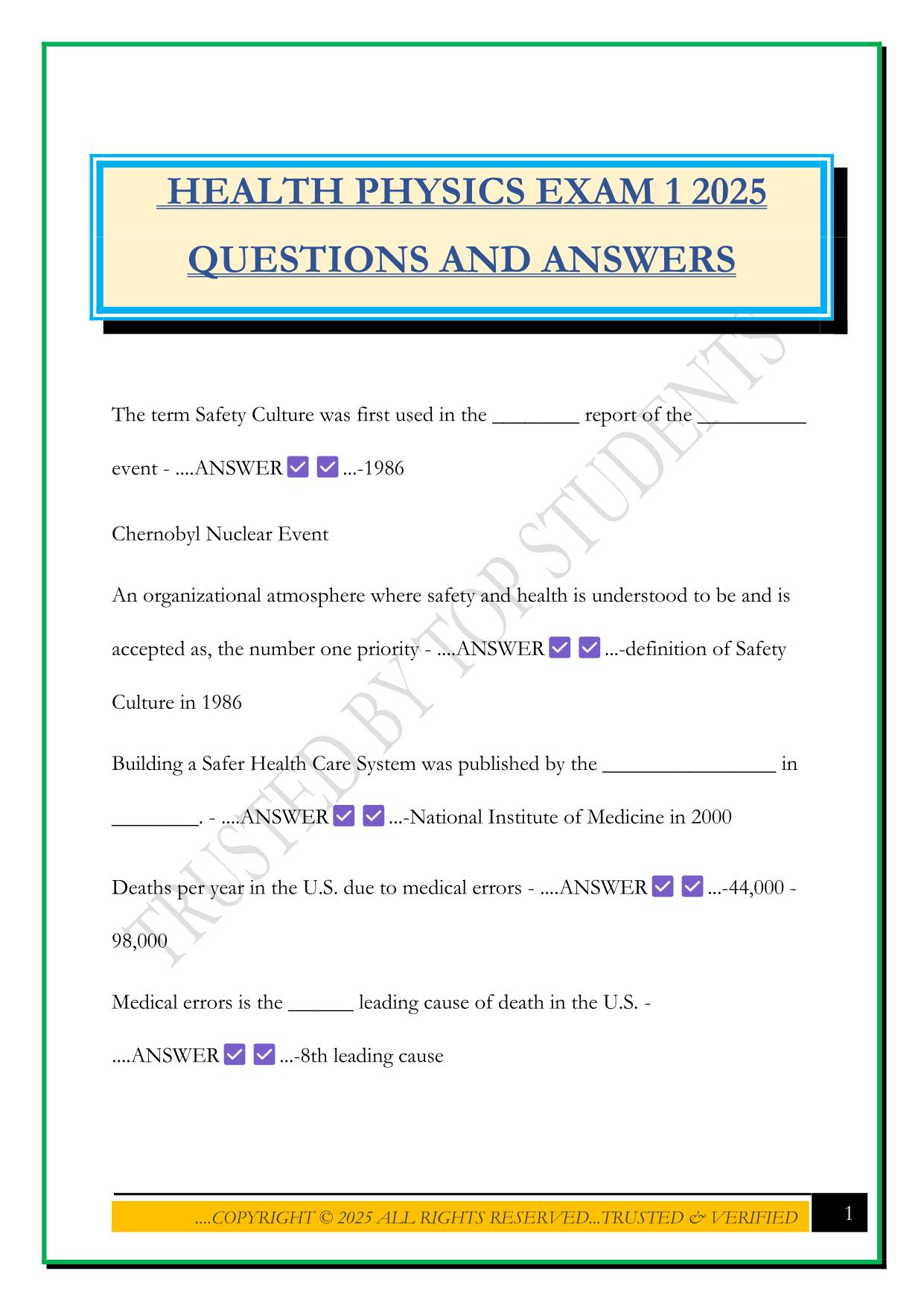 HEALTH PHYSICS EXAM 1 2025 QUESTIONS AND ANSWERS