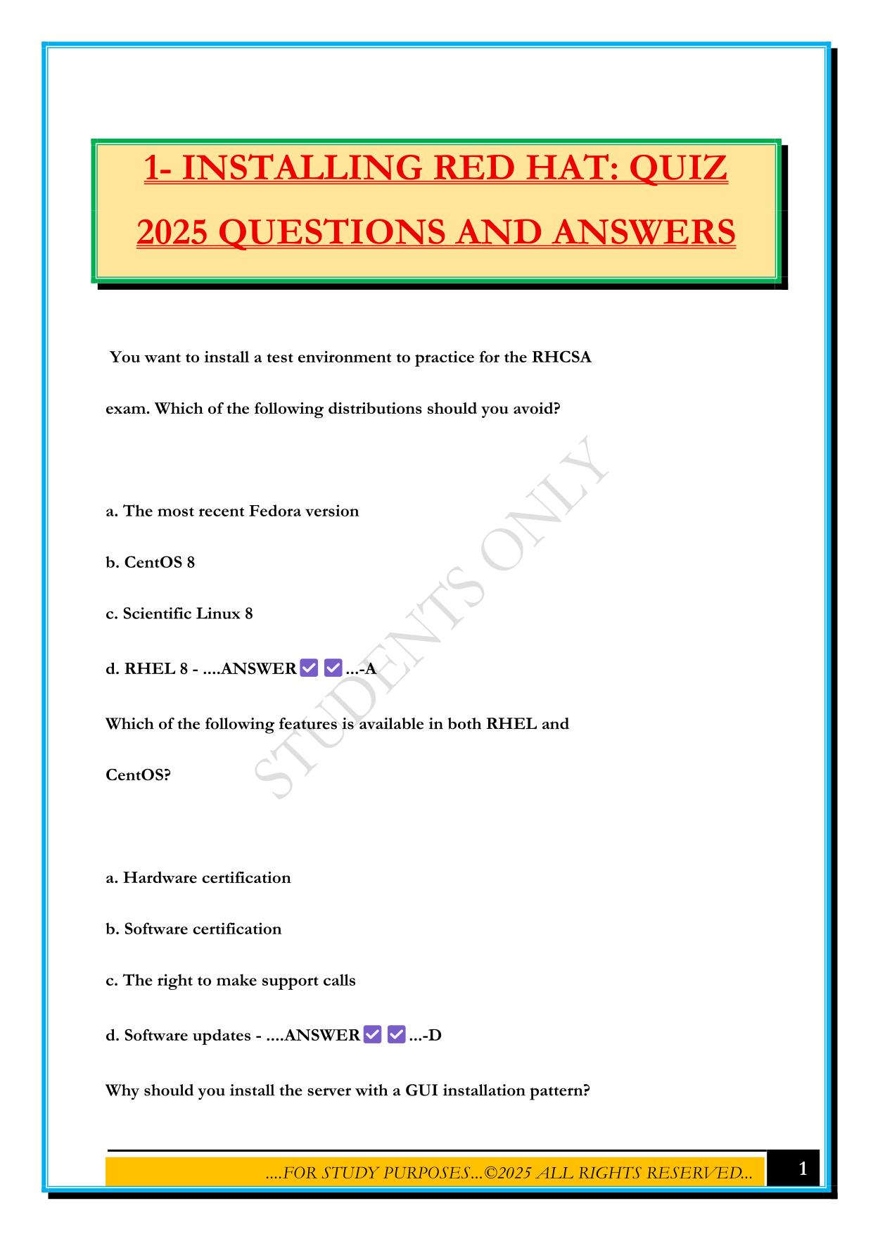 1- INSTALLING RED HAT: QUIZ 2025 QUESTIONS AND ANSWERS