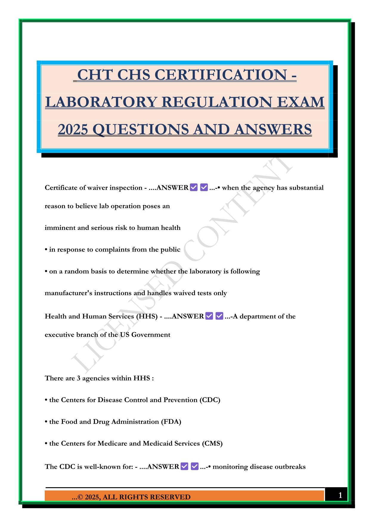 CHT CHS CERTIFICATION - LABORATORY REGULATION EXAM 2025 QUESTIONS AND ANSWERS