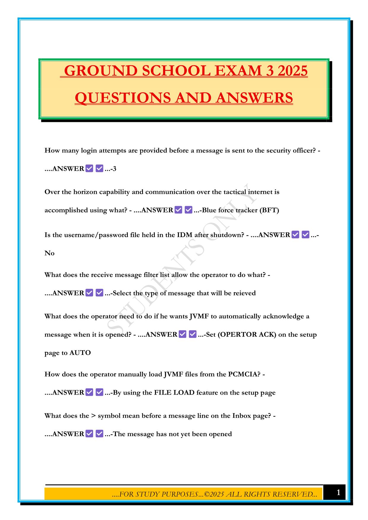 GROUND SCHOOL EXAM 3 2025 QUESTIONS AND ANSWERS